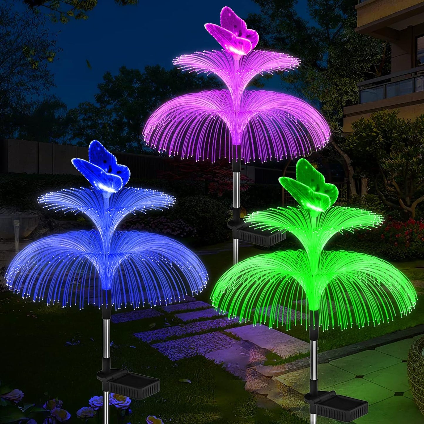 Solar Garden Lights Waterproof 3 Pack Solar Lights Outdoor Decorative 7 Color Changing Double Jellyfish and Butterfly Flower Garden Decor Yard Christmas Pool Outdoor, Gifts for Mother's Women