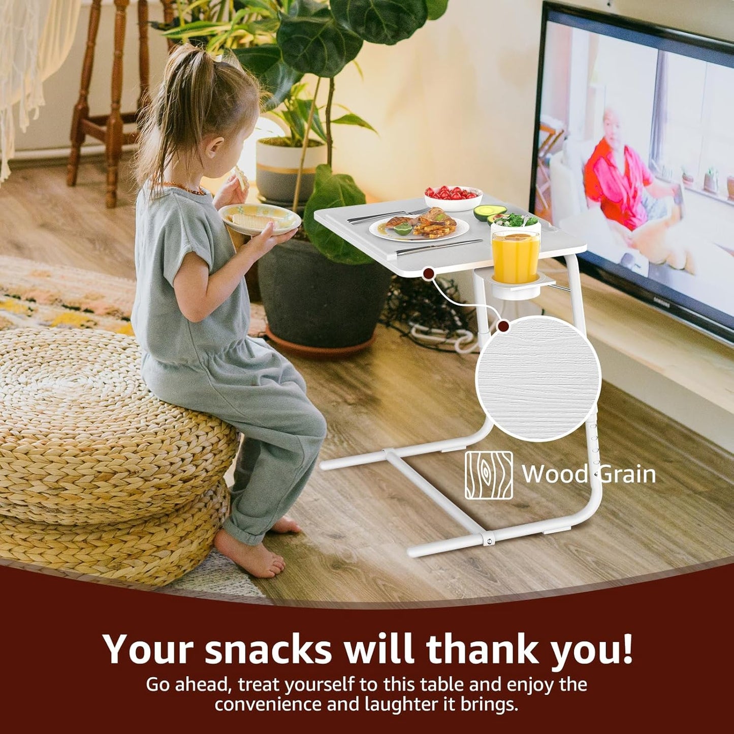 TV Trays Set of 2 - Folding TV Tray Adjustable Dinner Trays for Eating On Couch Wooden Tables Mate Stand Foldable White Desk with Cup Holder Portable