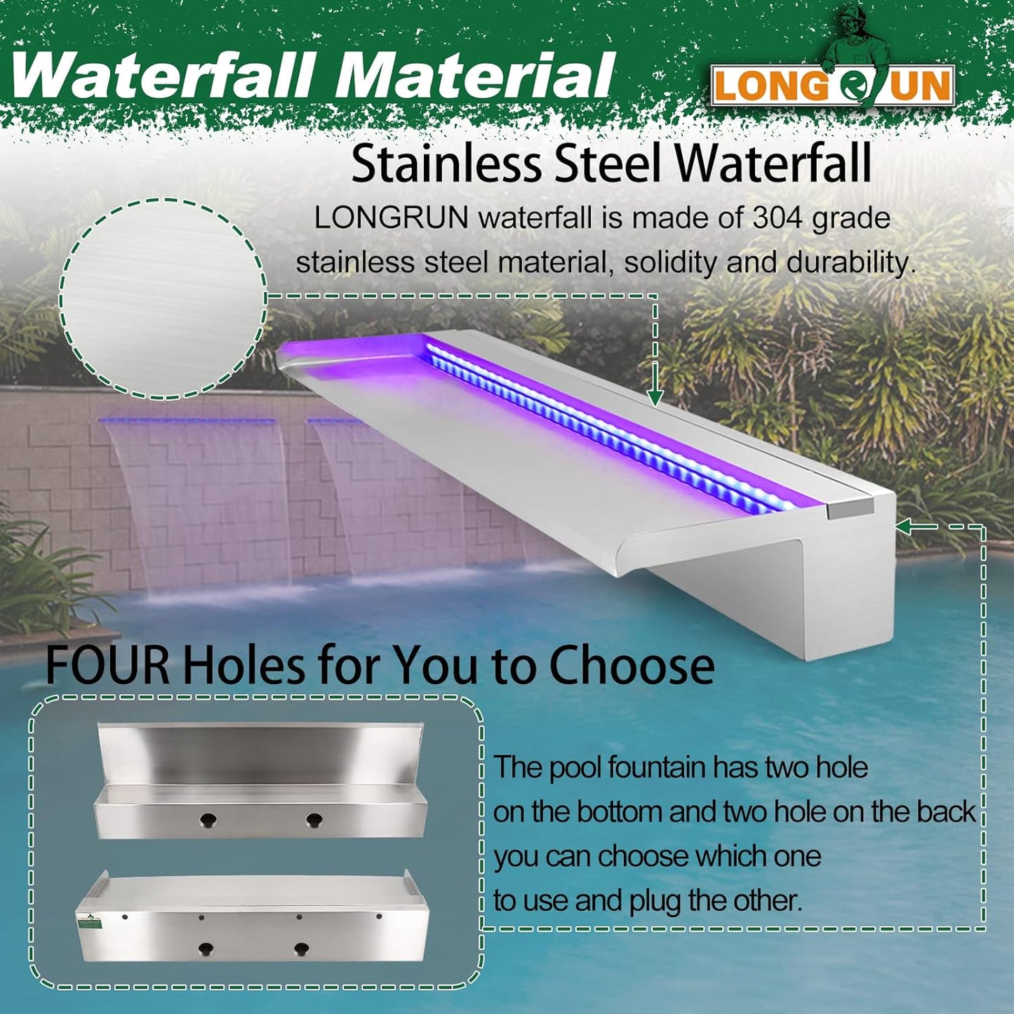 LONGRUN Pool Fountain Stainless Steel Outdoor Pond Spillway Waterfall with Wider Water Flow Platform Multi-Color LED Light Spray Indoor Waterfall Fountains for Garden-35.4" x 8" x 3.94"(W x D x H)