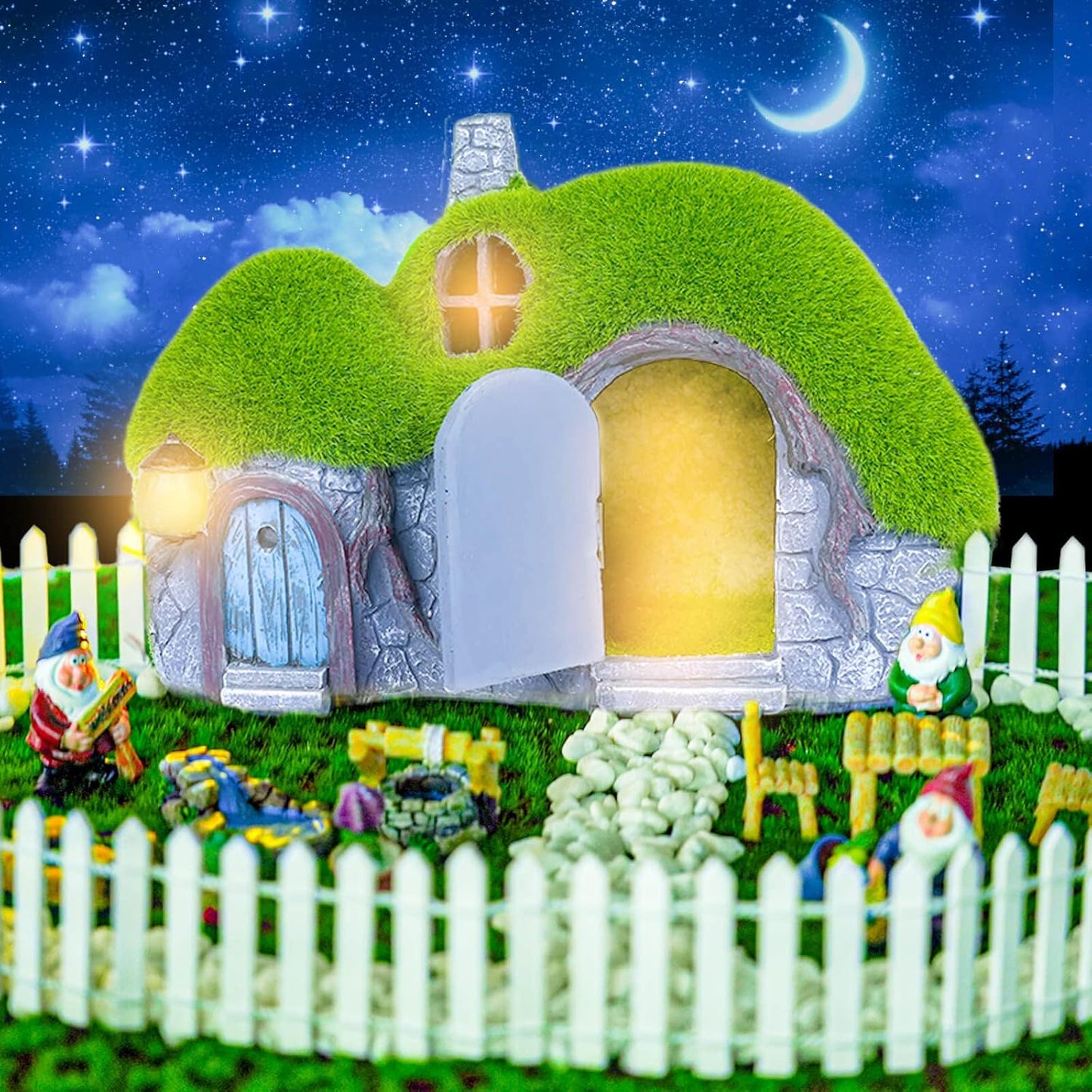 Garden Statues Outdoor Decor - Fairy House with Waterproof Solar Lights Resin Figurines for Yard Lawn Porch Outside Ornament or Garden Gift