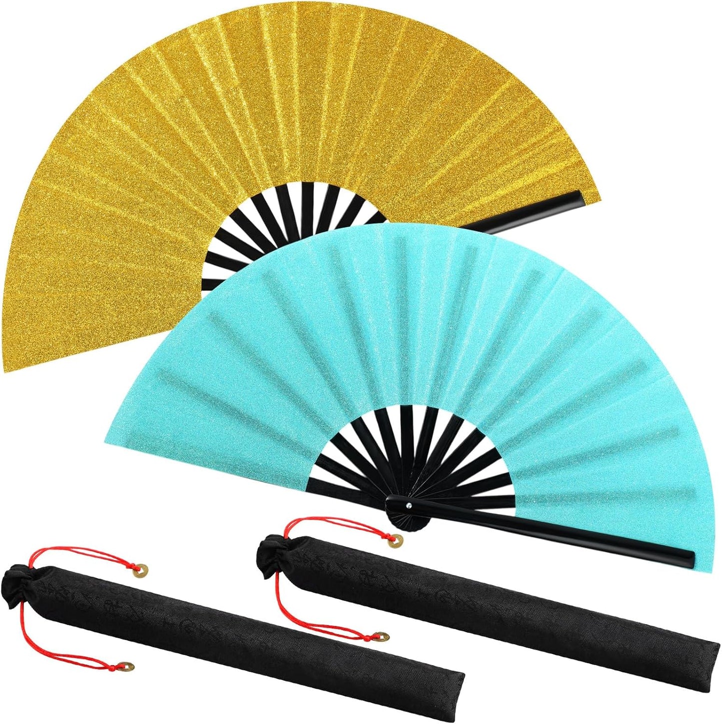 Maitys 2 Packs Large Clap Fans for Line Dancing Large Chinese Folding Hand Fans for Men and Women, Festival, Tai Ji, Kungfu, Martial Art, Gifts (Glitter Green and Gold)