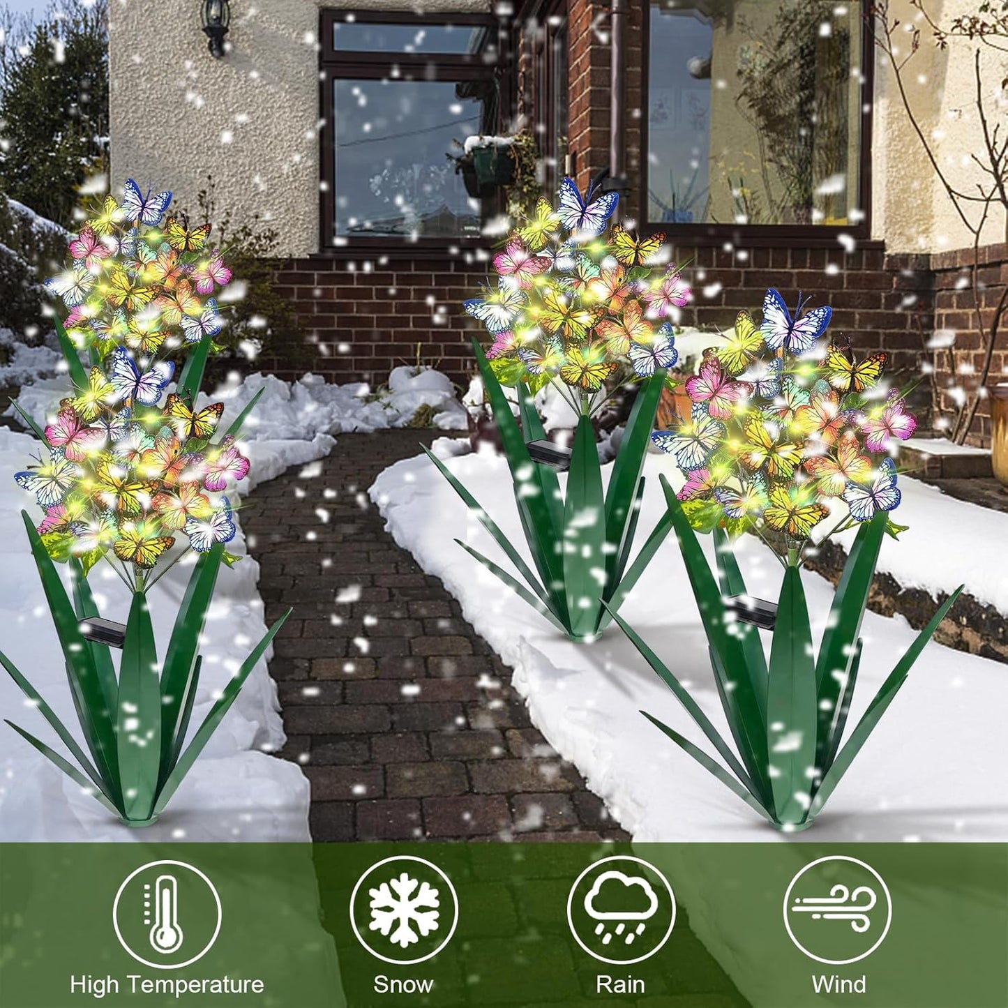 Homight Solar Metal Agave Butterfly Flower Stick Garden Sculpture - Outdoor Christmas Lights With Swaying Butterfly Sunflower - Solar Outdoor Gift (3 PCS Green)