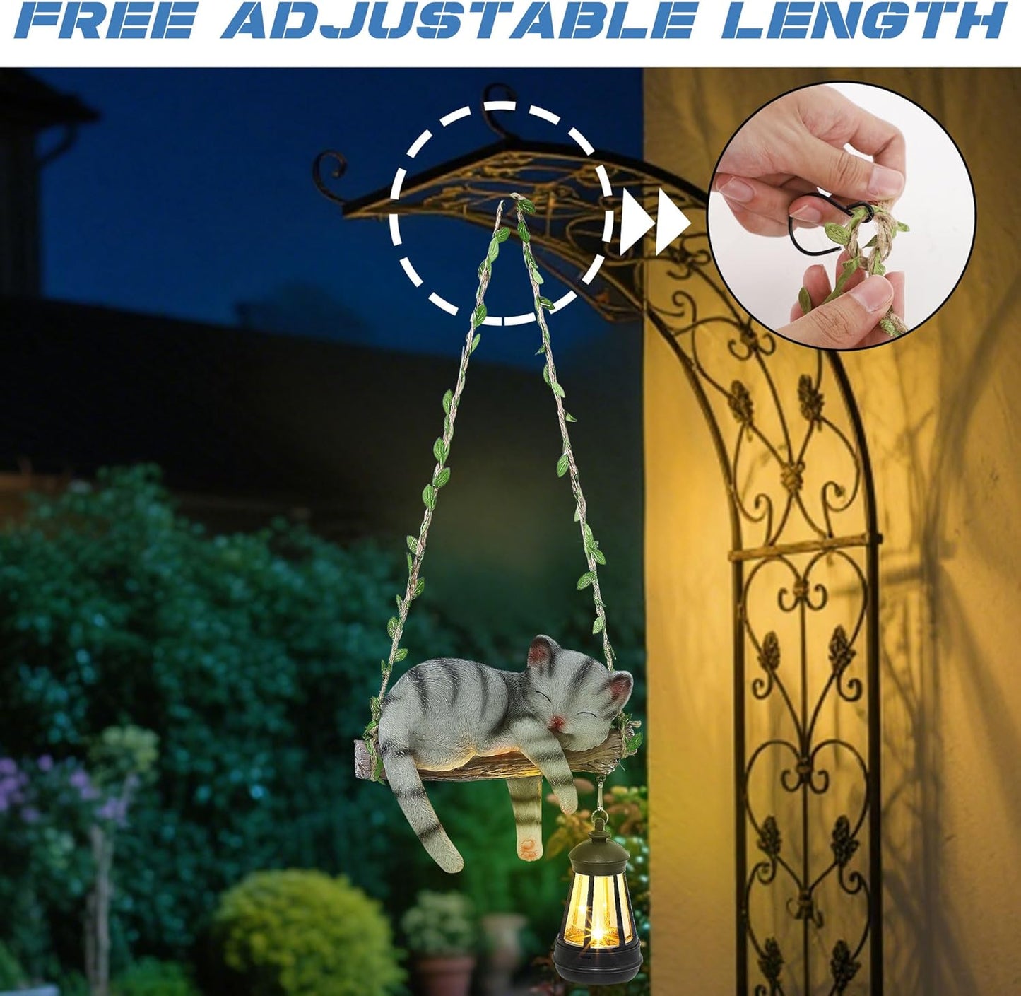 Solar Lighted Garden Outdoor Statue, 22.6" H Hanging Swing Lying with A Sleeping Cat and A LED Lantern, Resin Animal Figurine Hanging Ornaments with Hook for Decoration & Gift