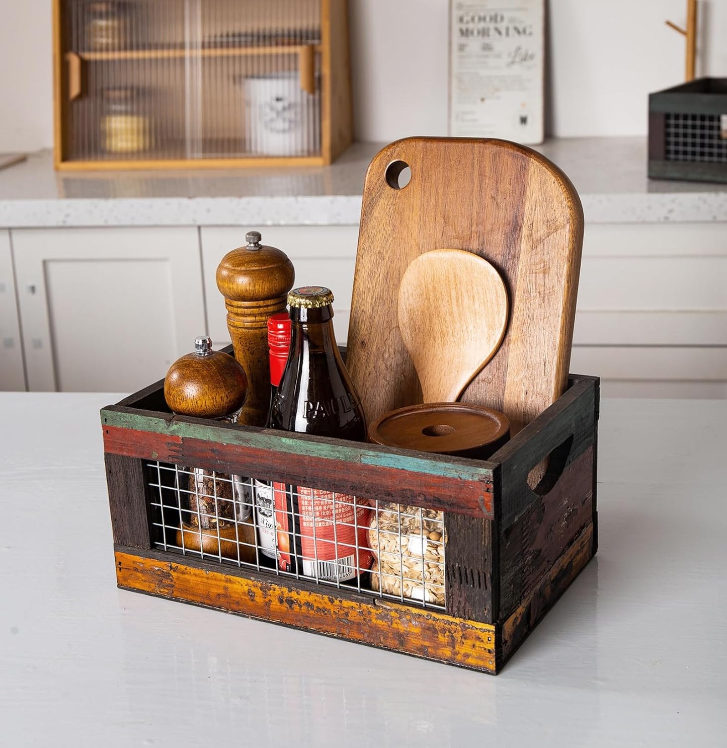 TIMRIS Set of 3 Rustic Wood Nesting Crates, Farmhouse Distressed Wooden Storage Boxes, Decorative Reclaimed Wood Organizer Baskets with Wire Mesh (Random)