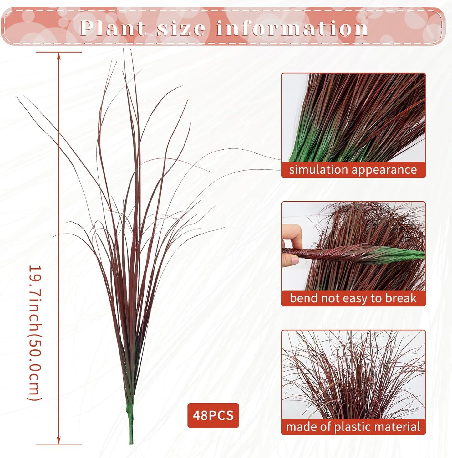 48Pcs Artificial Grass Plants, Faux Shrubs Wheat Grass, Artificial Tall Grasses Fake Plants for Outdoor Decor,Artificial Greenery Stems Weed for Room Indoor Home Decor（Red）