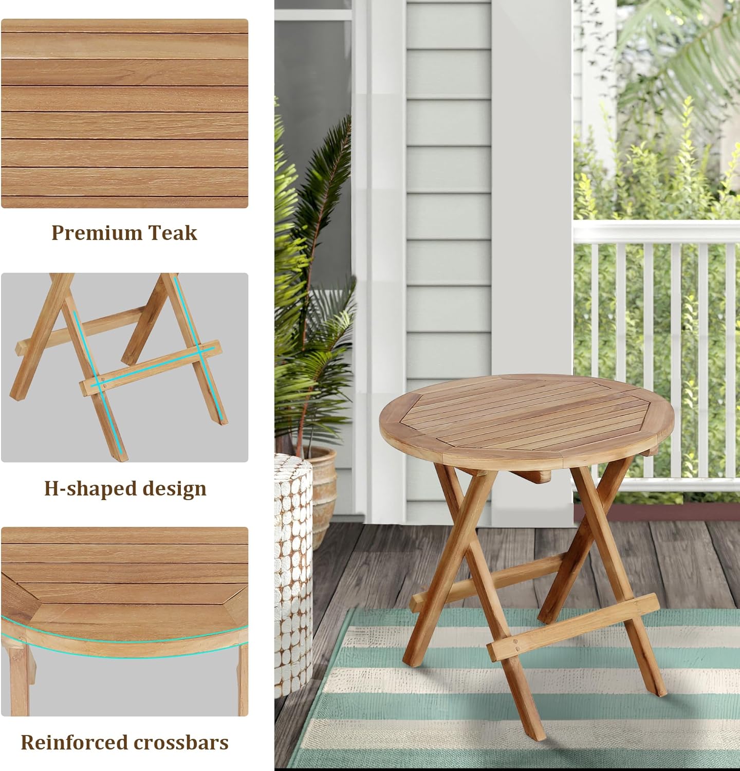 Teak Outdoor Side Table,Patio Table with Adjustable Feet, Small Round Side Tables, Elegant Accent Outdoor Tables for Balcony Porch Poolside(Round Tables Folding)