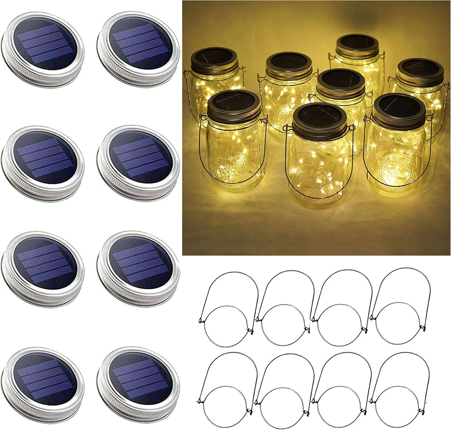 Solar Mason Jar Lid Lights, 8 Pack 20 LED Waterproof Fairy Star Firefly String Lights with (8 Hangers Included,Jars Not Included), for Mason Jar Table Garden Wedding Party Decor (Warm White)