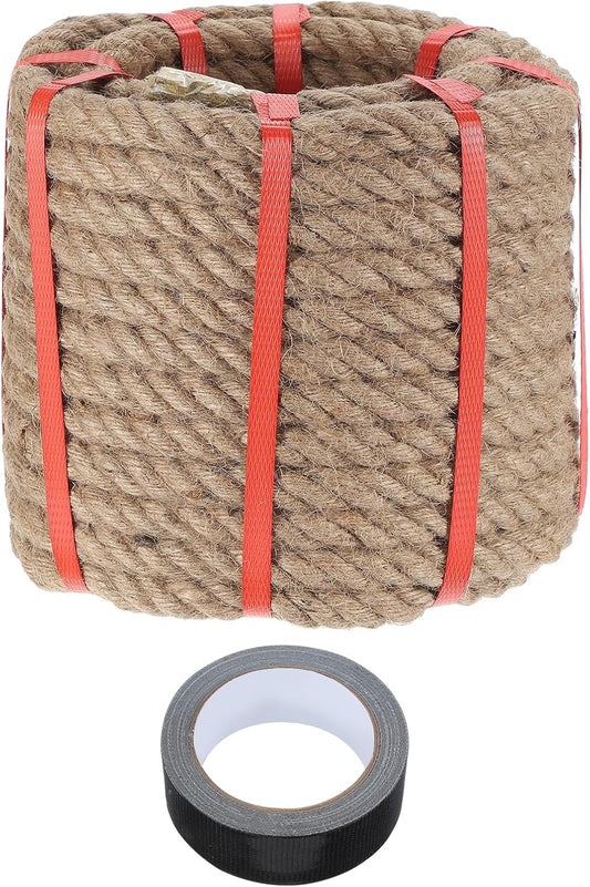 MECCANIXITY Jute Rope 0.7 Inch x 59ft, Thick Twine Rope Ropes Braided Jute Twine Natural Brown Burlap Cord String Heavy Twisted with Tape for Decorative Crafts Railing Swing Tug of War