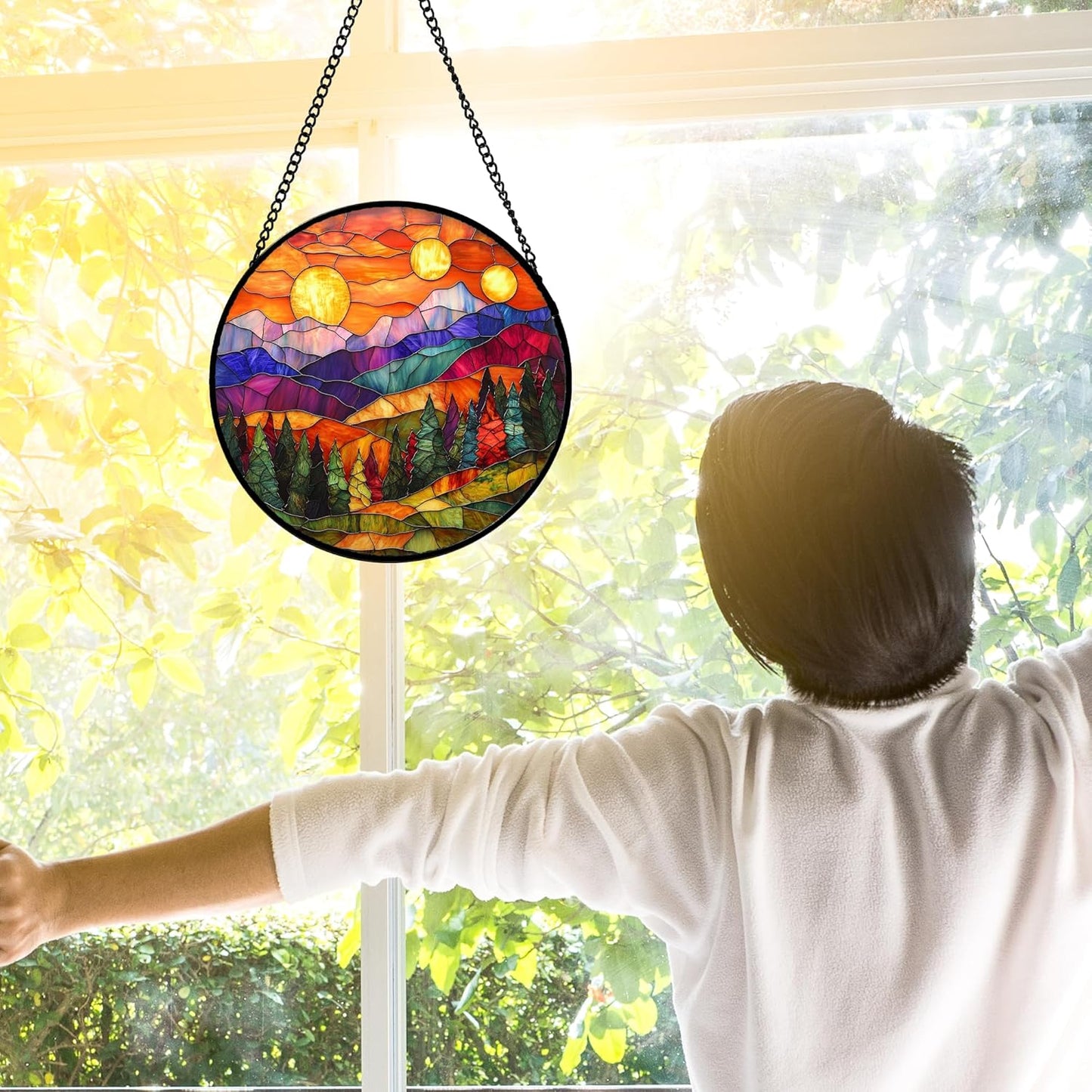 Stained Glass Window Hanging, Sunset Abstract Sun Catchers Colorful Glass Panel Landscape Suncatcher Decor for Birthday for Women, Men, Wife, Aunt, and Mom 6.3 in