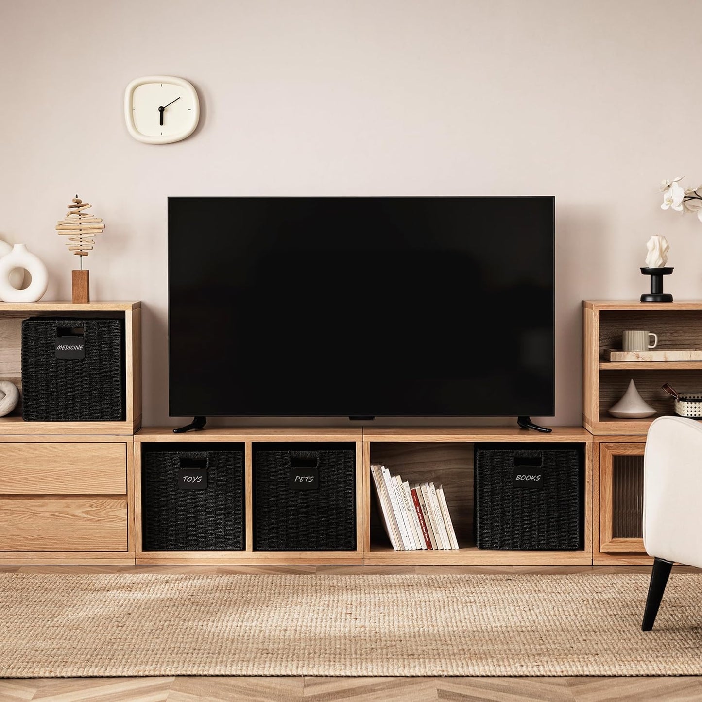 UBBCARE 2 Pack Wicker Basket, 12×12 Storage Cubes with Label, Foldable Cube Storage Bin with Handle, Square Storage Basket for Shelves, Woven Paper Rope Basket for Organizing, Black