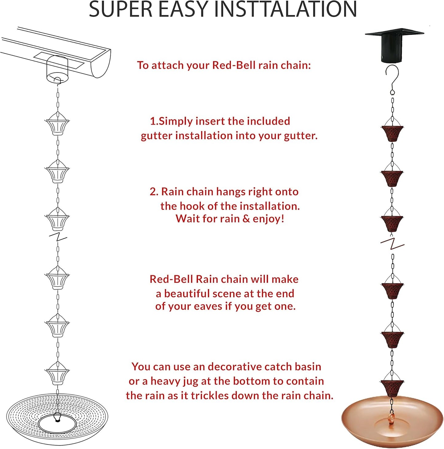 8.5FT Bell Iron Rain Chains for Gutter and Rain Barrel, Rust-Resistant Plated Garden Décor for Downspout, Bonus Rain Chain Gutter Adapter (Antique-Red)