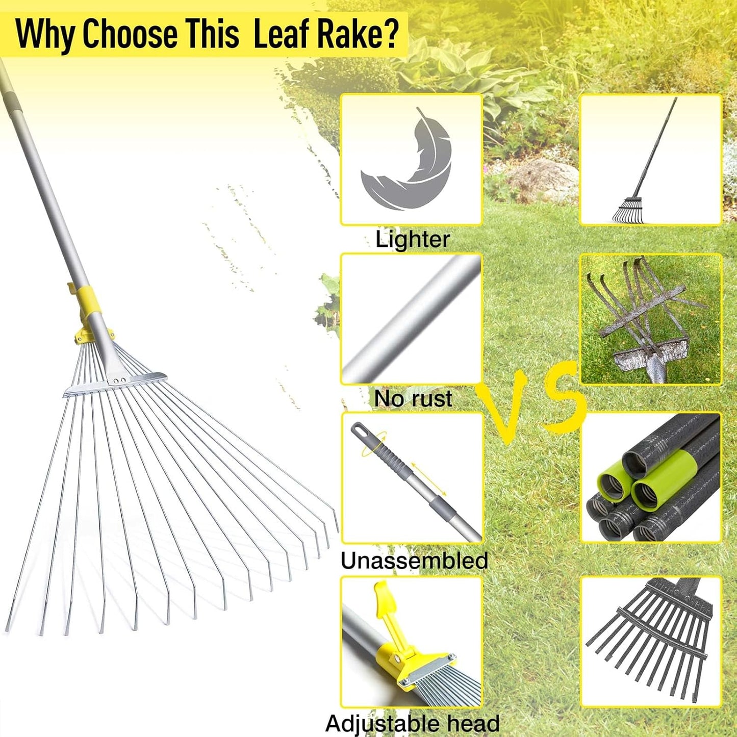 JARDINEER Adjustable Rakes for Leaves, Larger Garden Leaf Rake for Lawns Grass with 7-23" Expandable Head, Yard Collapsible Rake for Camping (64 inches)