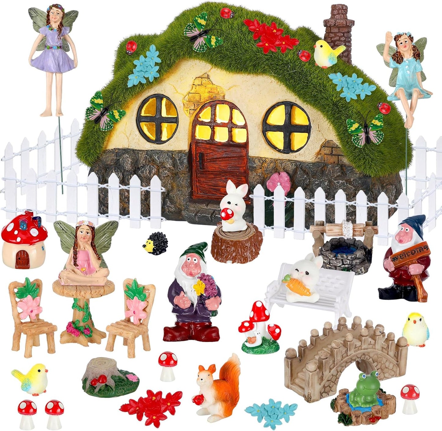 Suzile 50 Pcs Solar Fairy House Garden Accessories Light up Flocked Fairy Figures Garden Kit Green Resin Miniature Mushroom Figures Micro Landscape Ornament (Stone Grass House)