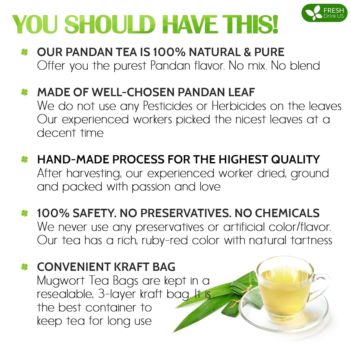 FreshDrinkUS, Premium 15 Pandan Leaf Tea Bags, 100% Natural & Pure from Pandan Leaves. Loose Leaf Pandan Herbal Tea. Made with Natural Material Tea Bags. No Sugar, No Caffeine, No Gluten, Vegan. (15 Tea bags)