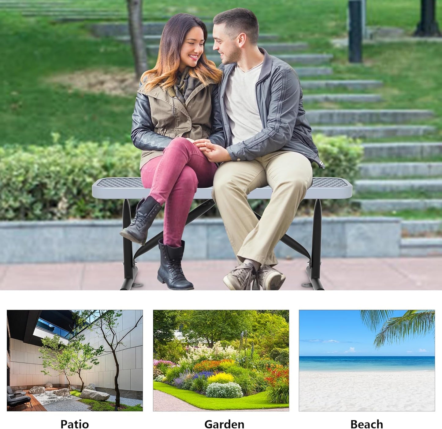 4 Feet Heavy Duty Metal Park Bench for Outside, Outdoor Bench with Portable Frame, Commercial Benches for Shopping Mall, Store, Park, Patio, Deck, Grey