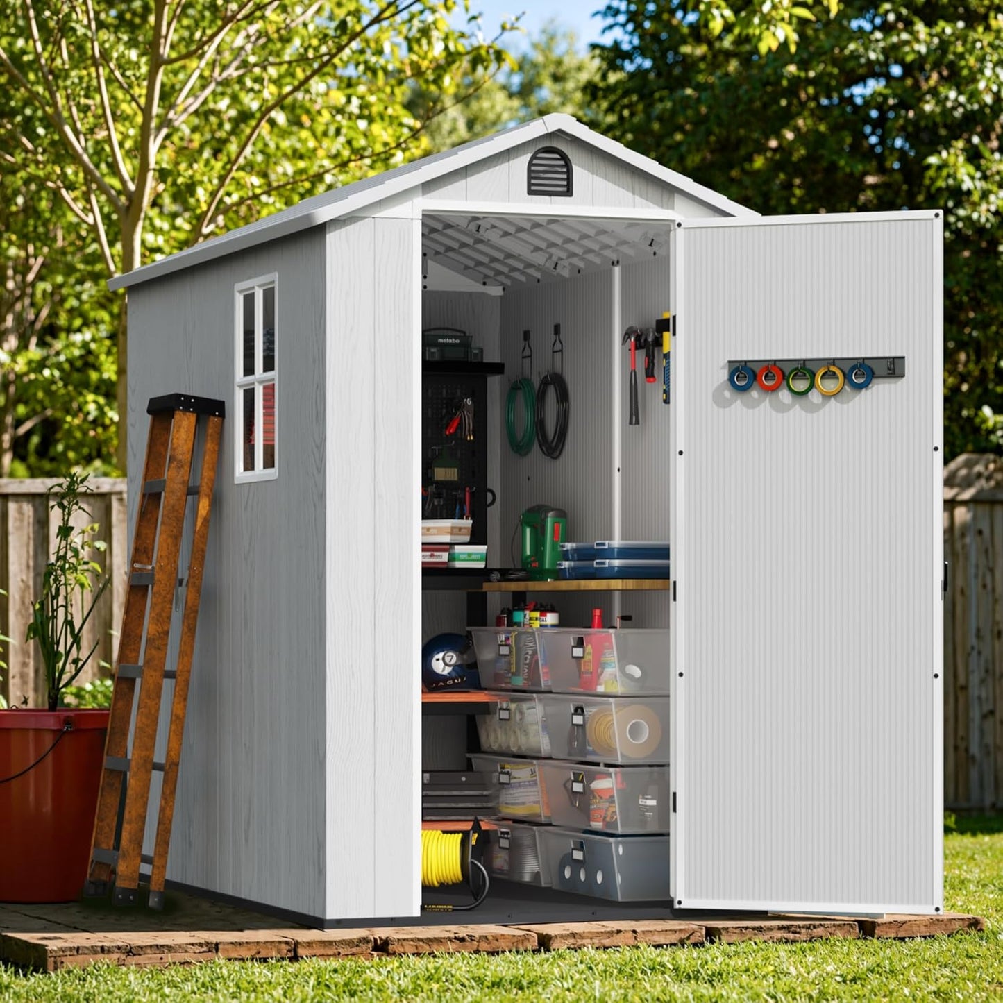 Greesum 4×6FT Plastic Outdoor Storage Shed with Floor, Resin Storaged Sheds with Lockable Door, Window & Vent, All-Weather Tool Sheds for Garden, Backyard, Patio, Light Gray (One-Piece Panel)