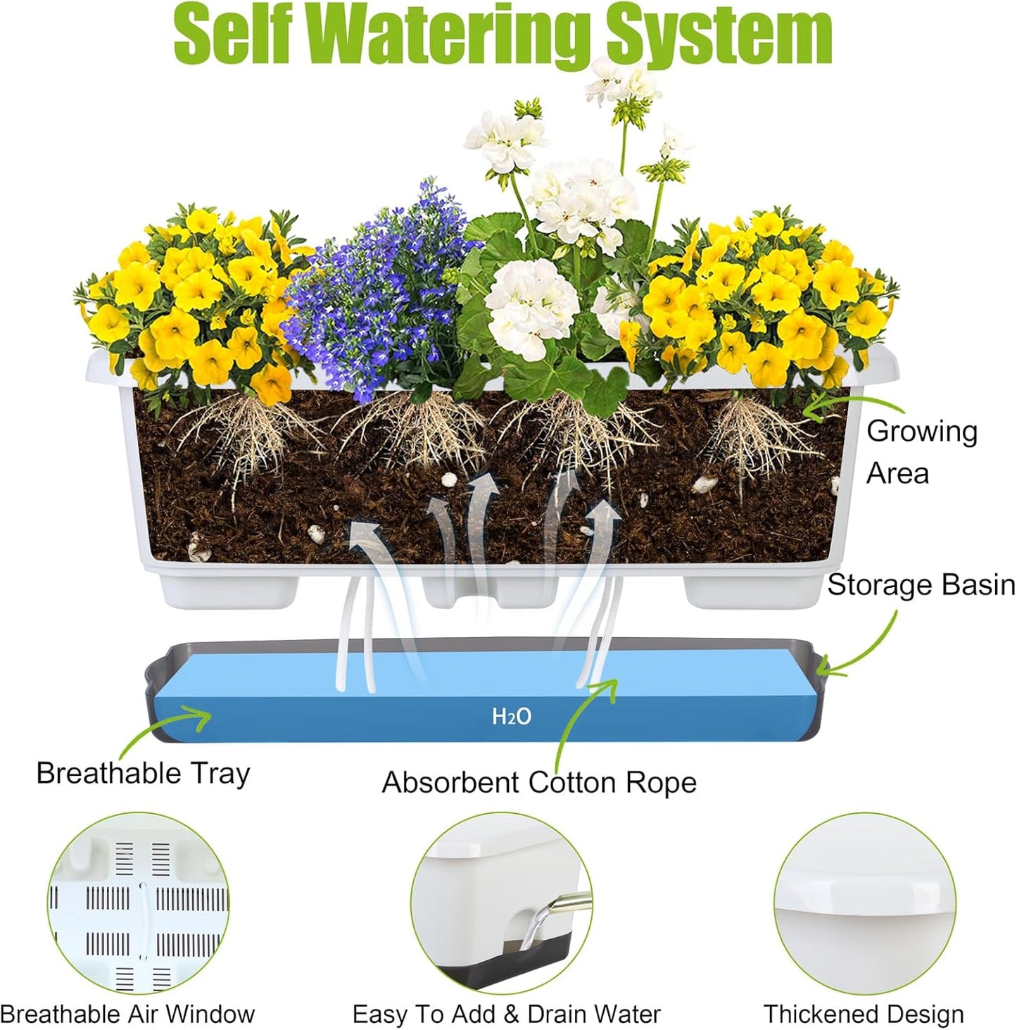 Window Box Planter 6 Pcs, 18 Inches Rectangle Flower Pots with Drainage Holes and Trays, Vegetable Planters for Windowsill Patio Garden Balcony Home Porch Yard Indoor Outdoor (White, 18*10*6 inch)