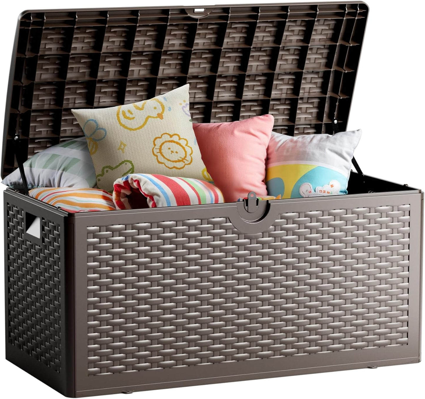 80 Gallon Deck Box, Double Layer Waterproof Resin Outdoor Indoor Storage Box, Lockable & UV Resistant Storage Bin for Patio Furniture, Garden Tools, Pool Accessories (Brown)