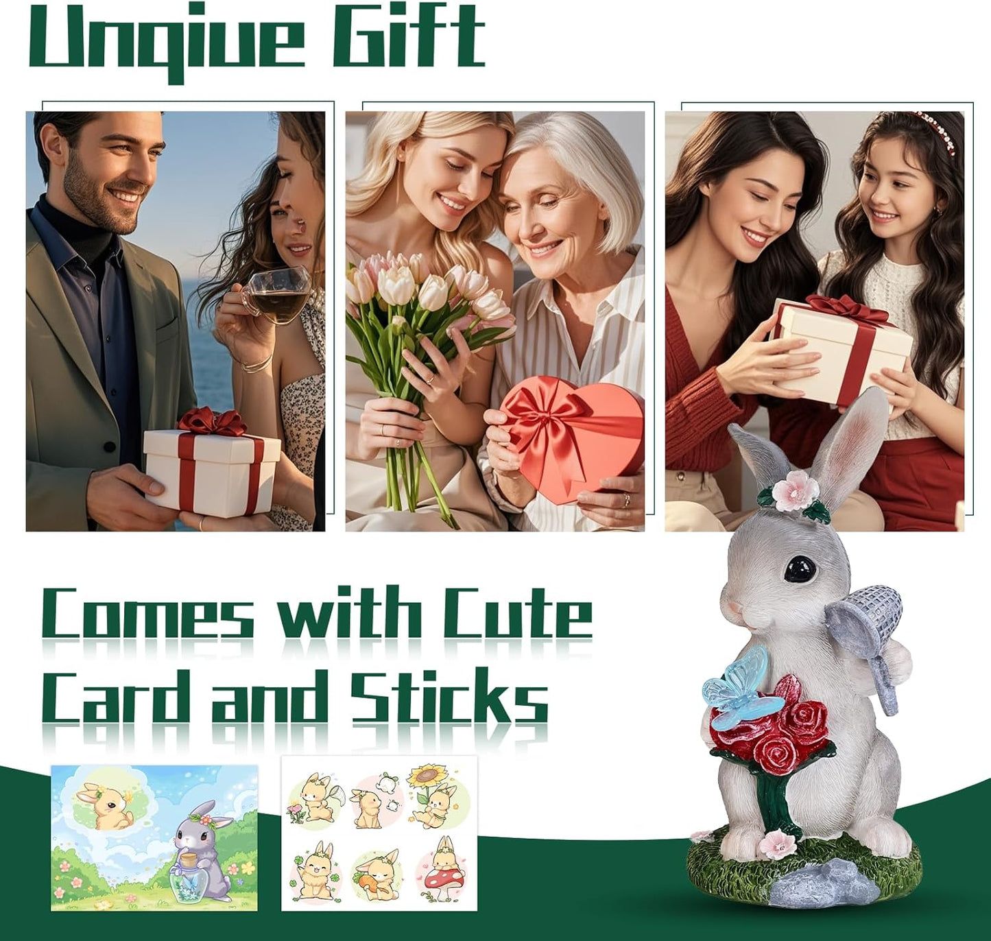 Garden Statues Rabbit with Solar Light,Bunny Outdoor Garden Decor Ornaments for Patio Yard Art,Birthday Easter House Warming Garden Gift for Women Mom,Resin Animal Figurine with Wider Base