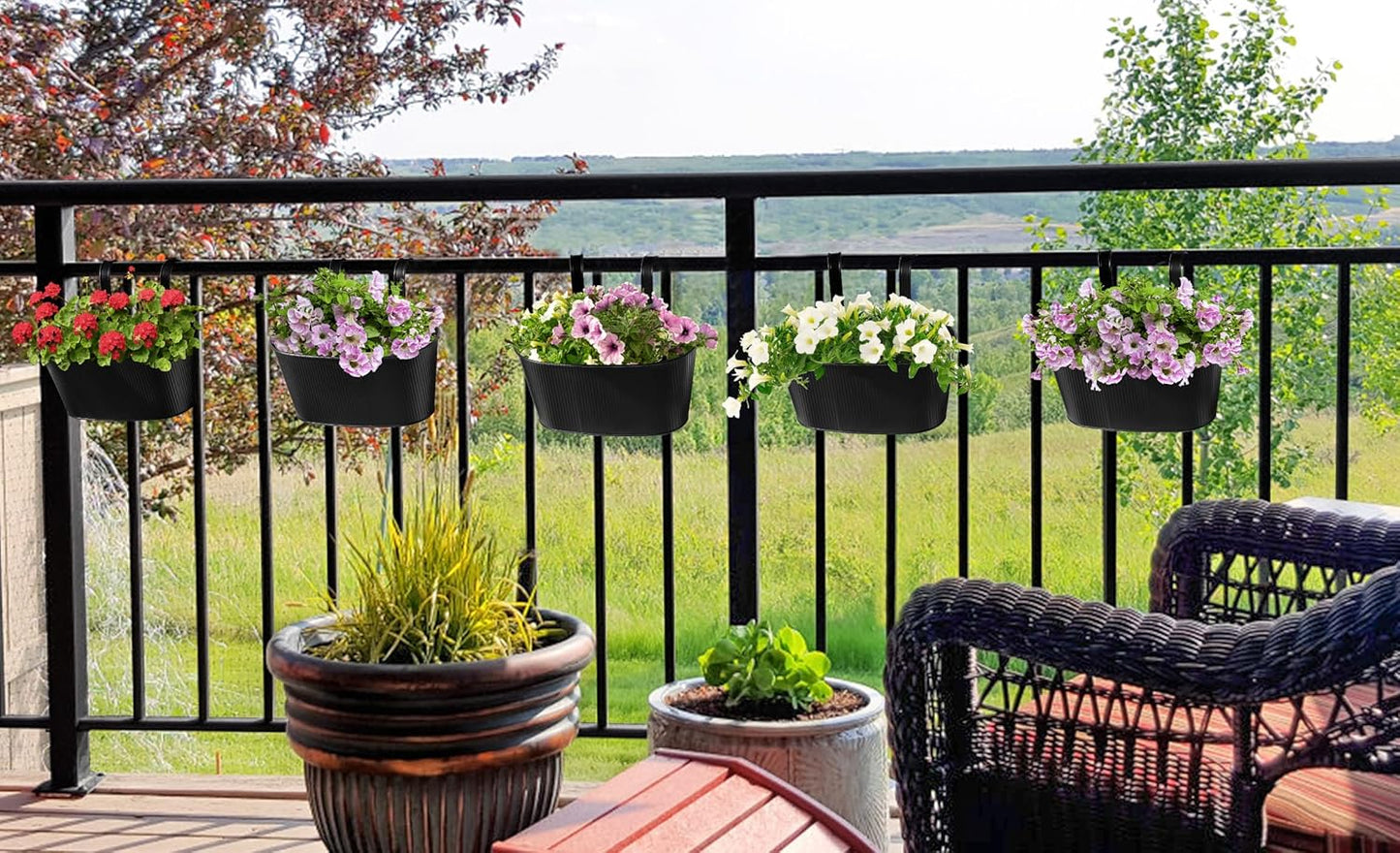 Mkono Metal Railing Planter Box 5 Pack Balcony Hanging Planter for Outdoor Plants with Detachable Hooks and Drain Holes Fence Planters for Any Balcony, Porch or Deck (5, Small)