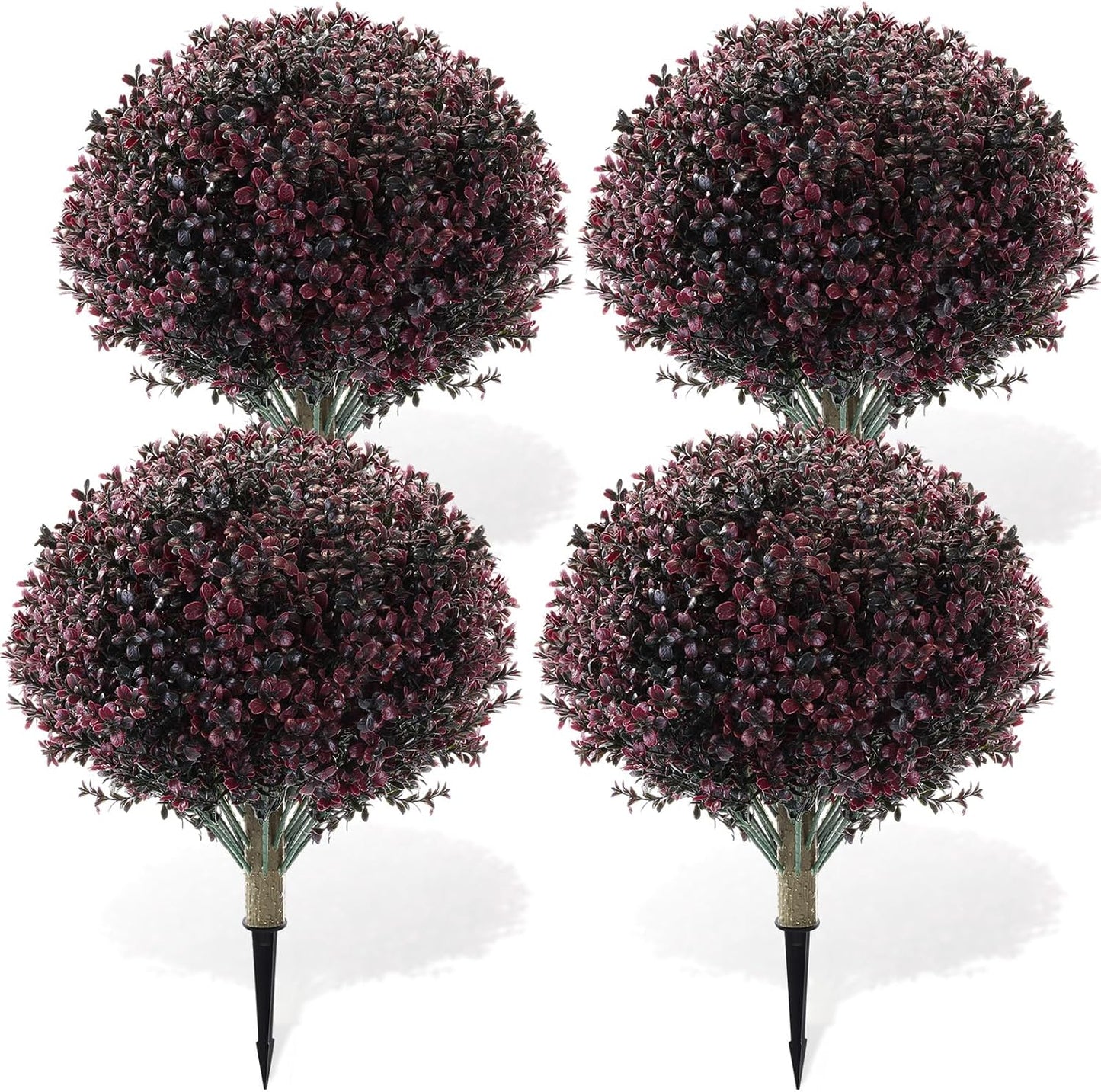 Yunlly 4 Pack 18" Artificial Boxwood Ball Bush Topiary Trees Fake Outdoor Plants, Realistic UV Resistance Faux Shrubs with Spike Greenery Topiary for Front Porch Garden Yard Patio Indoor (Dark Purple)