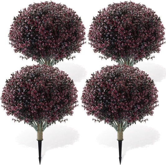 Yunlly 4 Pack 18" Artificial Boxwood Ball Bush Topiary Trees Fake Outdoor Plants, Realistic UV Resistance Faux Shrubs with Spike Greenery Topiary for Front Porch Garden Yard Patio Indoor (Dark Purple)