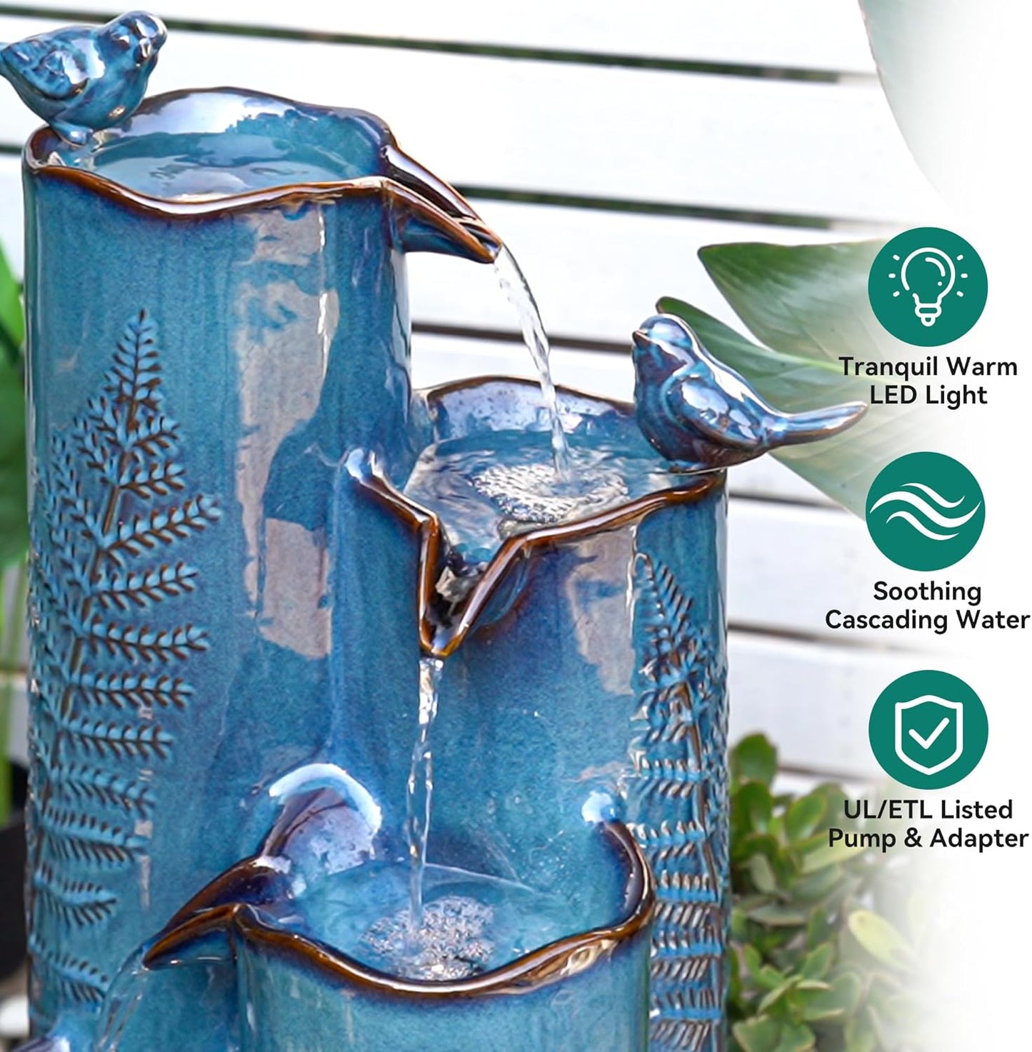 32" Tall Outdoor Fountain, Ceramic Vase Water Fountain withs Lights, 4-Tier Waterfalls with Birds, Tranquil Oasis for Garden Patio Yard Deck Balcony Decor, Tropical Fern, Turquoise Glaze