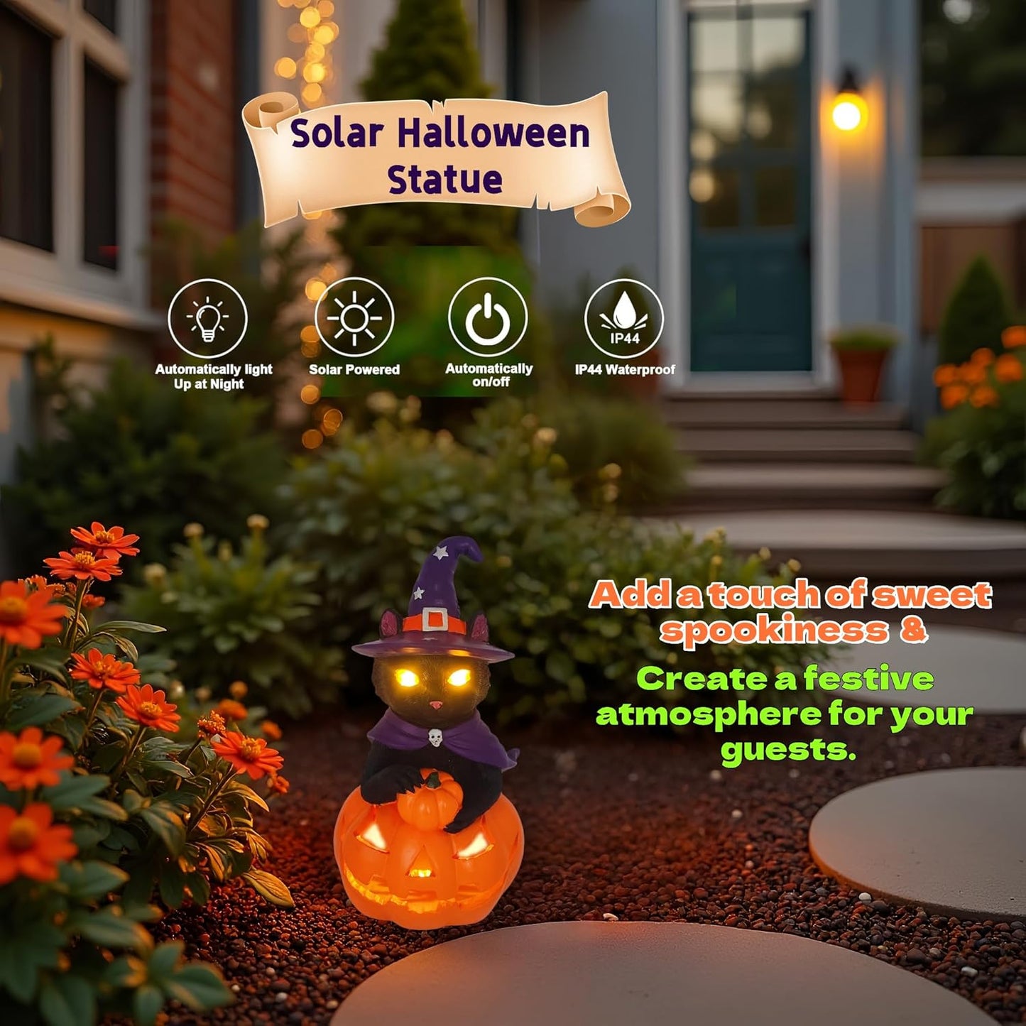 Halloween Decorations Solar Spooky Lights Outdoor Black Cat Pumpkin Figurine Light Garden Statue Decor for Outside Patio Front Porch Yard, Home Decor Gifts for Halloween, Christmas