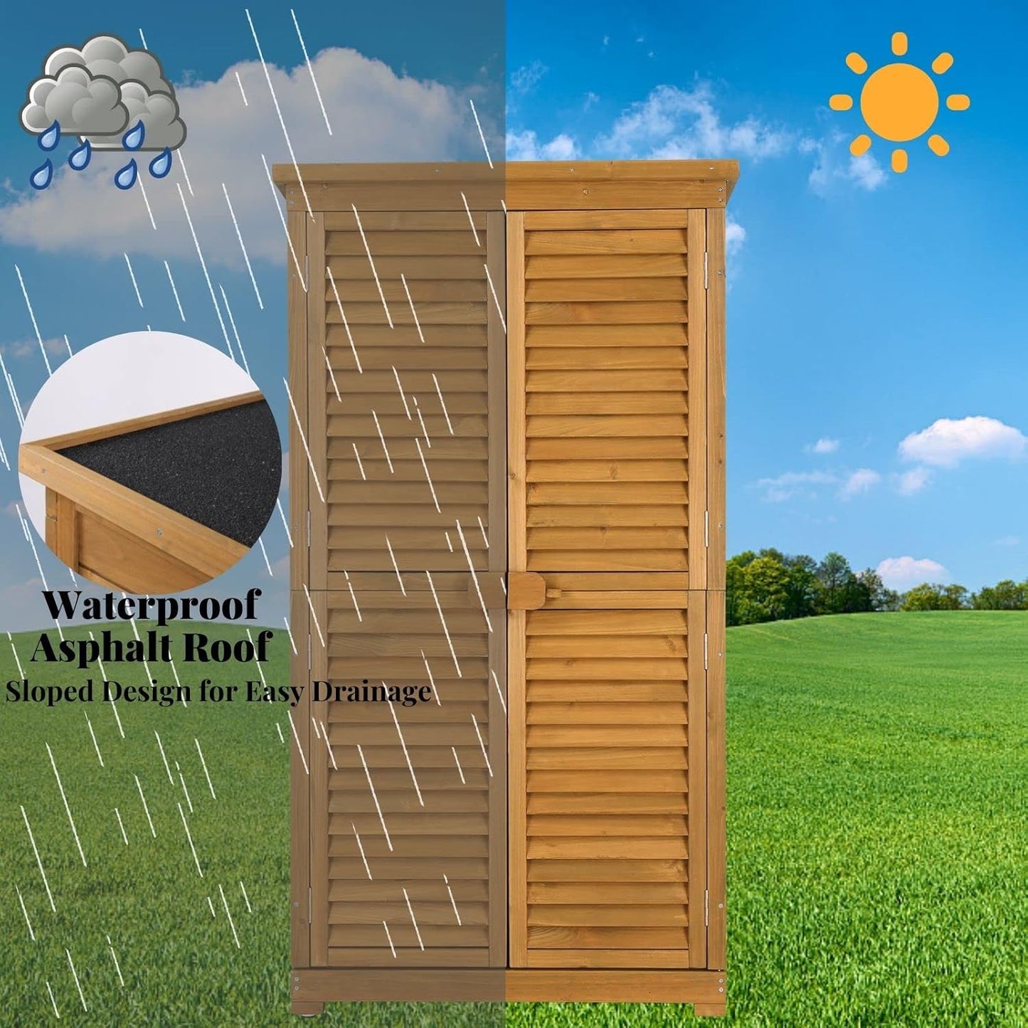 Outvita Outdoor Storage Cabinet, 63in Wooden Garden Tools Shed with 2 Lockable Doors, 3 Adjustable Shelves, Waterproof Roof for Yard Garge Patio Deck Porch, Natural