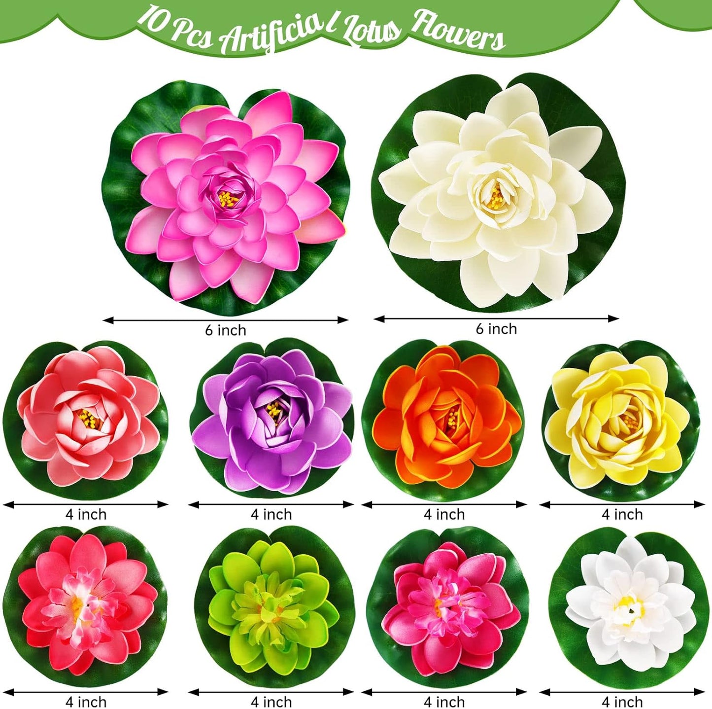 Artificial Lotus Flowers Water Lilies for Pond Pool, 10 Pcs Realistic Floating Foam Lotus Flowers with Lily Pads for Ponds, 4" and 6" Large Lifelike Water Lilies for Fountain Garden Pond Decoration