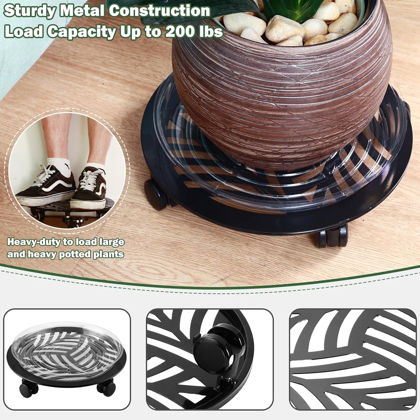 1 Packs Large Metal Plant Caddy with PU Wheels 13.6" Heavy-Duty Wrought Iron Rolling Plant Stands Indoor Outdoor Wheeled Plant Dolly Planter Mover Rollers Plant, Leaf Style