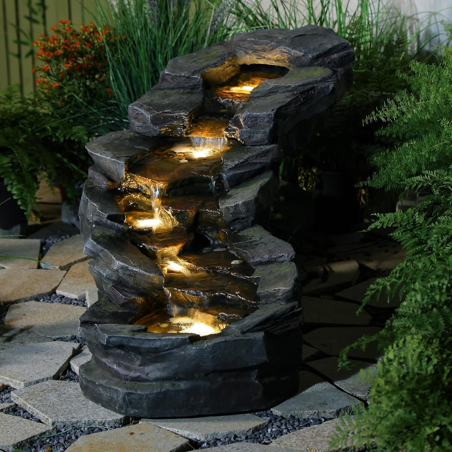 49" L Water Fountain Outdoor 5-Tiers Rock Natural Waterfall Fountains Floor Standing Water Features with LED Lights for Garden, Patio, Porch, Home Art Decor