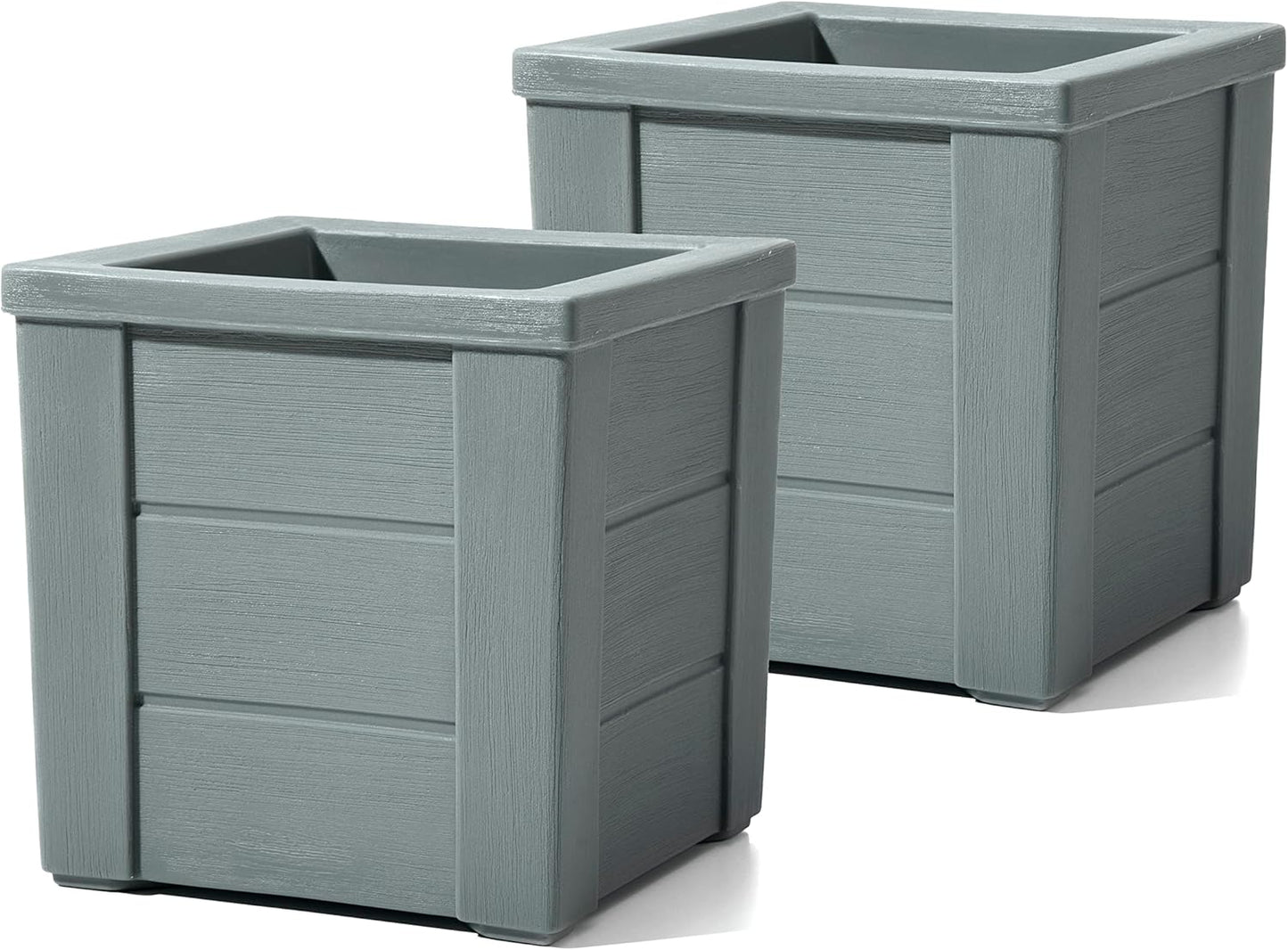 Step2 Lakewood Square Planter, Large Planters for Outdoor Plants, Gardening and Flower Pot for Patio or Porch, Efficient Drainage, Durable Plastic, Sage Gray, 2-Pack