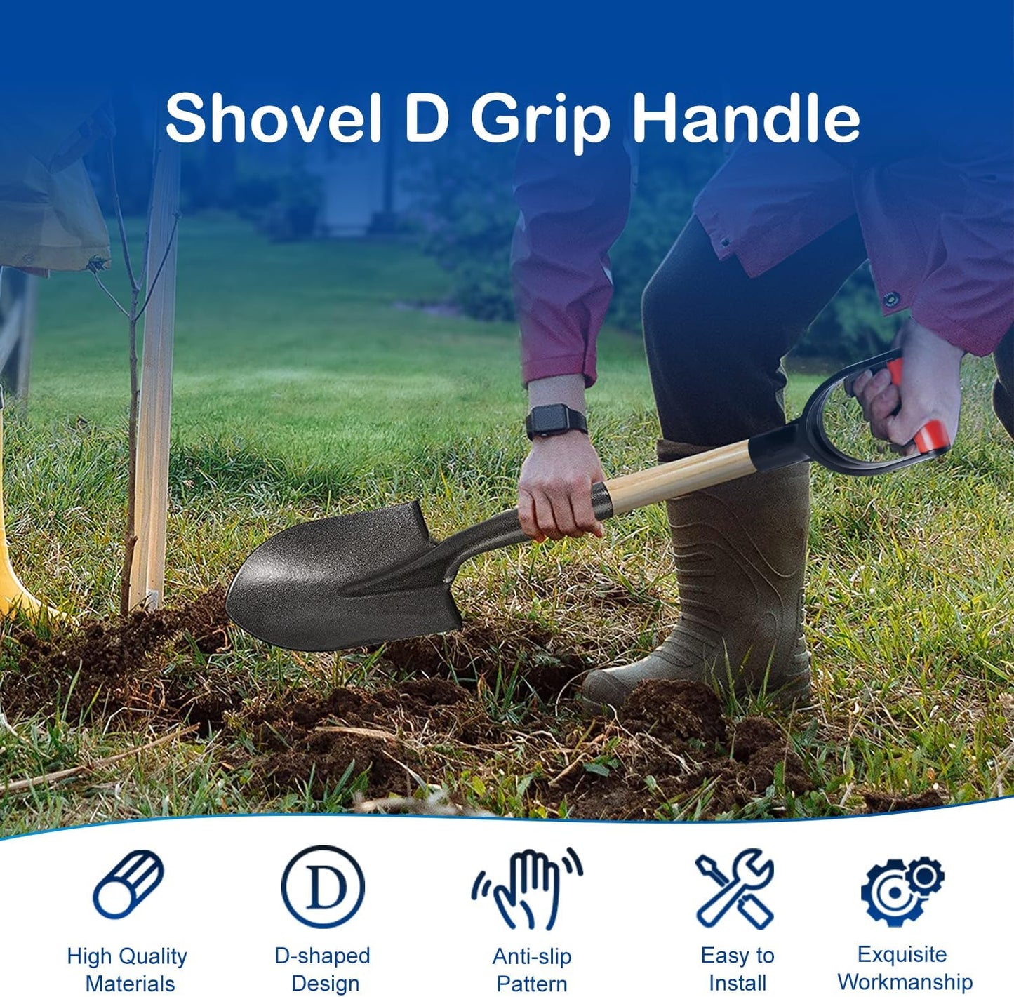 MroMax 2Pcs Shovel D Grip Handle, 1-1/4" Inner Diameter 32mm PVC Spade Snow Shovel Replacement Handle Garden Accessories for Digging Raking Tool Yellow-Black