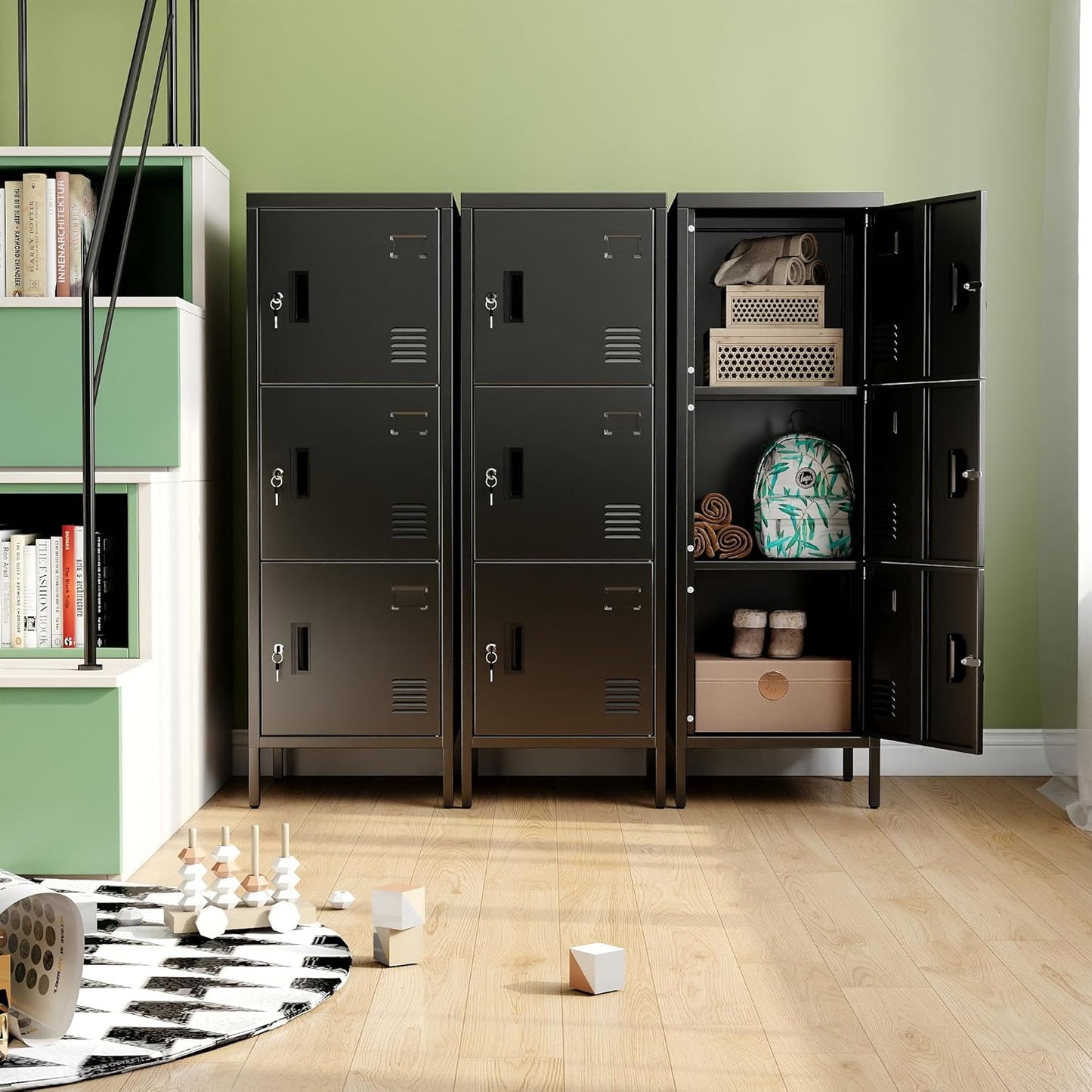 Metal Locker with Ventilation Holes, Metal Storage Cabinet with Lock and Card Slot for Home,School, Office, Garage,47.3" H x 15.8" W x 15.8" D,Assembly Required,Black