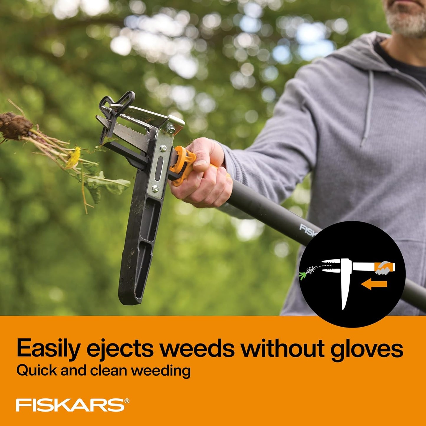 Fiskars 3-Claw Stand Up Weed Puller Tool, Gardening Weeder, Hand Weeding Tool with 39" Long Ergonomic Handle with Easy-Eject Mechanism