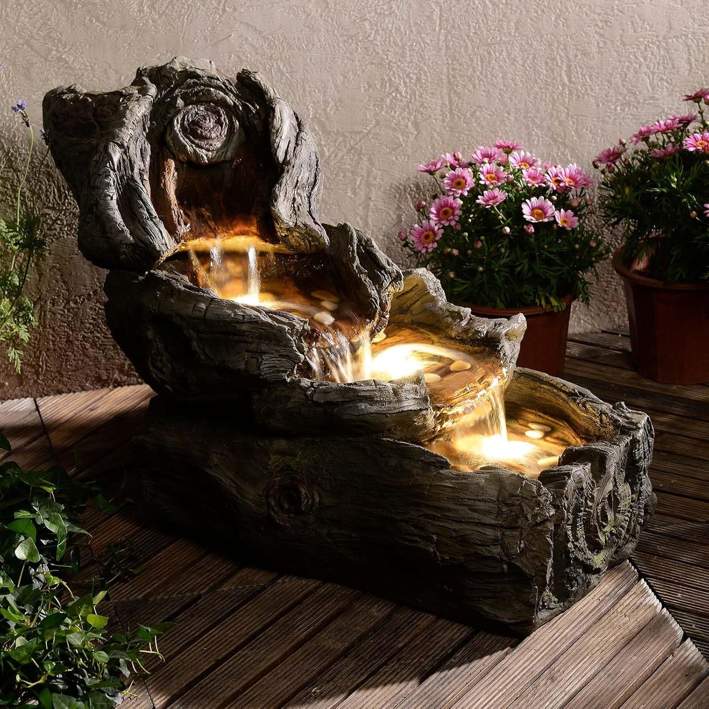 31.5" L Garden Water Fountain Outdoor, Artifical Imitation Wood Outdoor Water Fountain Natural Waterfall with LED Lights for Patio,Porch,Backyard,Home Art Decor（Resin）