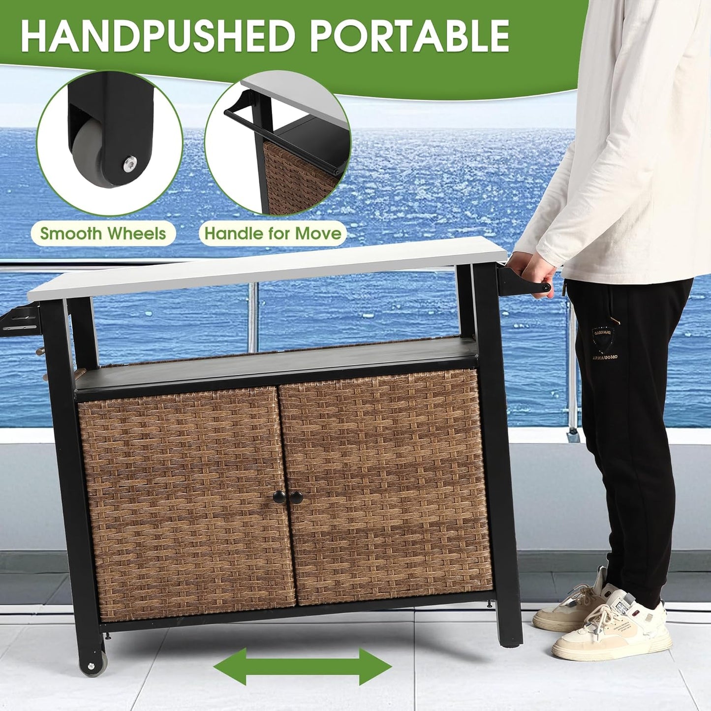 HOMEFUN Kitchen Island Cart Wicker Grill Prep Station & Stainless Steel Outdoor Serving Bar Table with Hooks Wheels Poolside Patio Grassland (Large)