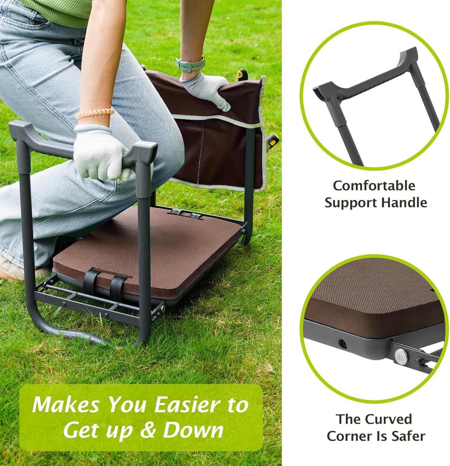 ikkle Garden Kneeler and Seat Gardening Stool Kneeler Folding Gardening Bench with Thicker Detachable Kneeling Pad and Tool Store Pouches (Brown)