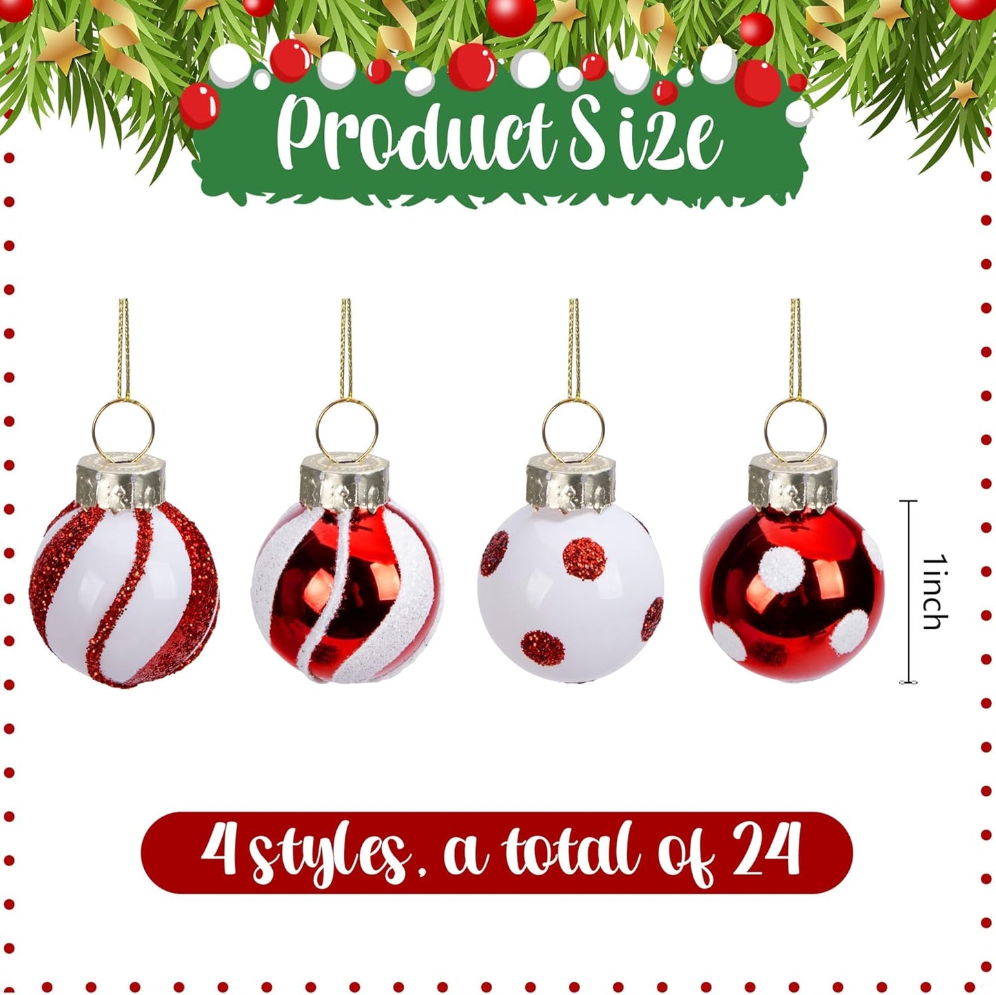 Watayo 24 Pcs Christmas Candy Balls Glass Ornaments, 1" Mini Glass Candy Balls Hanging Ornament, Sweet Red White Candies Ball Ornaments for Christmas Tree Holiday Party Decoration