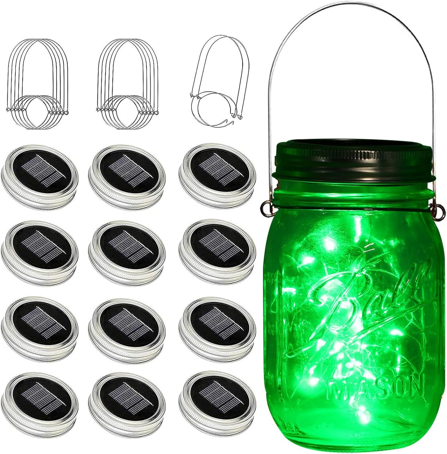 ZNYCYE Solar Mason Jar Lights, 12 Pack 30 LED Fairy Firefly Mason Jar Lids Outdoor Waterproof String Lights with Hangers(NO Jars) for Regular Mouth Jars Patio Garden Yard Wedding Decoration - Green