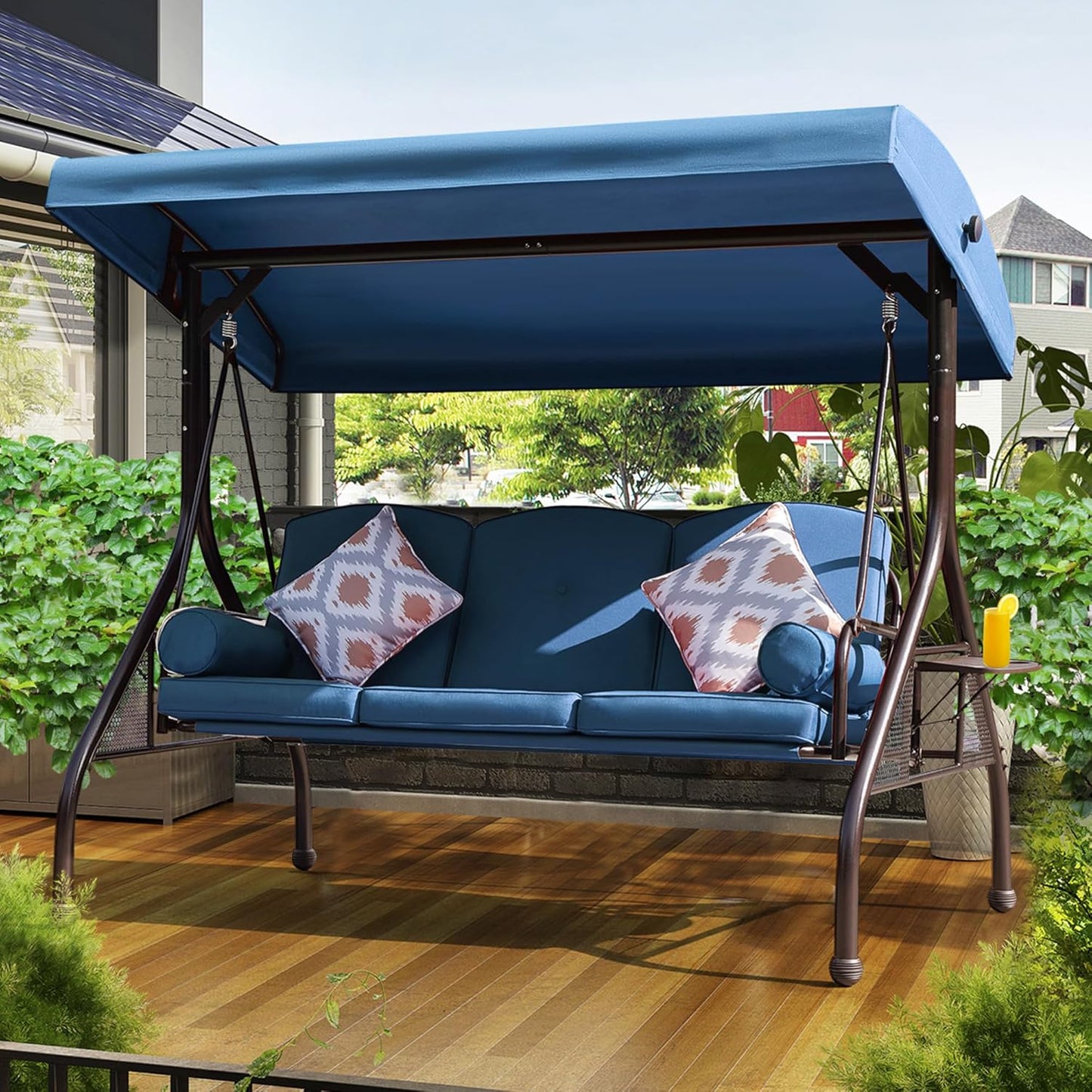 NOBLEMOOD Patio Porch Swing, 3-Seat Outdoor Swing with Adjustable Canopy, Waterproof Fabric Cushion, Pillow and Foldable Side Tray for Patio, Backyard, Porch Swing Bed for Spring