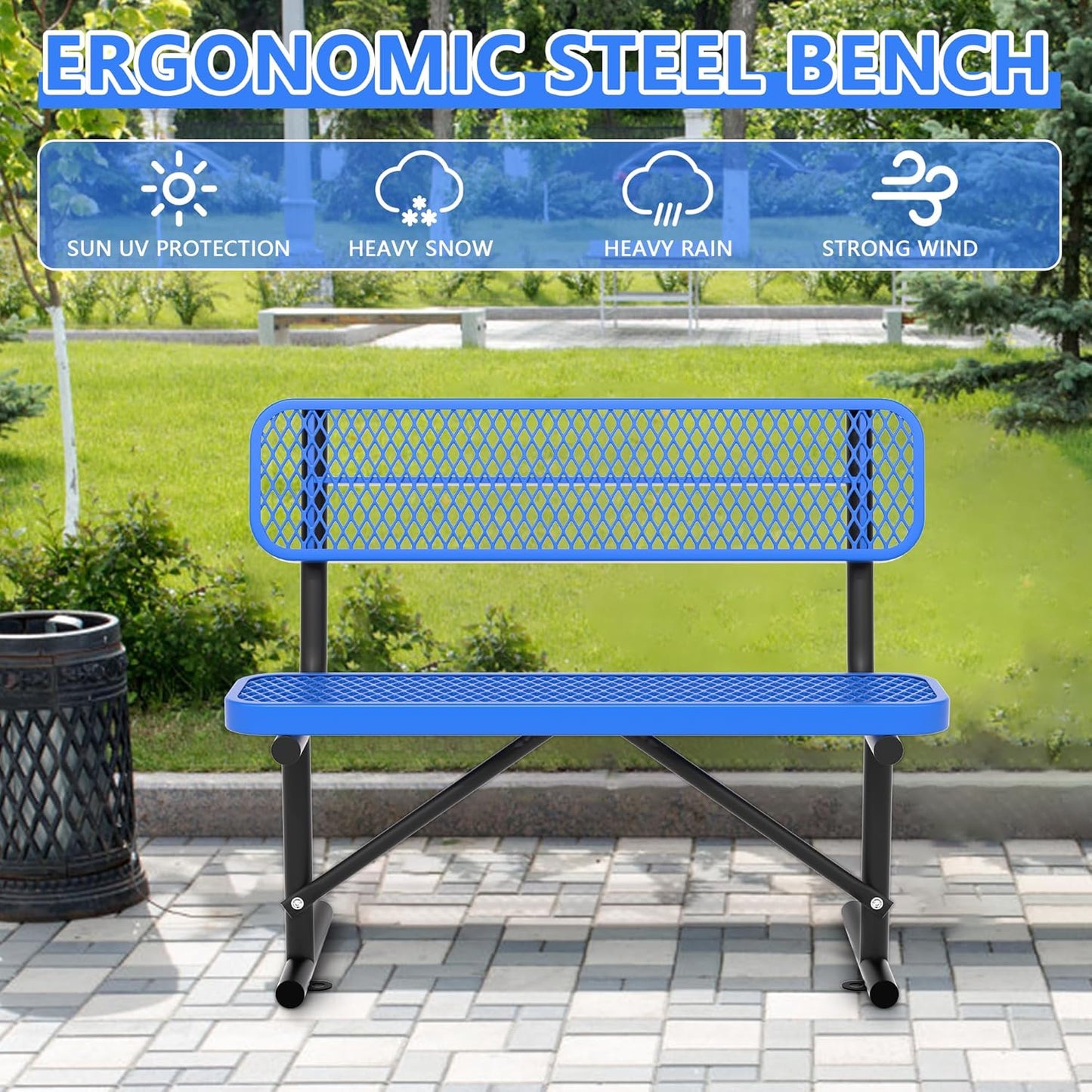 4 Feet Heavy Duty Metal Park Bench for Outside, Outdoor Steel Bench with Backrest & Portable Frame, Commercial Benches for Shopping Malls/Stores/Parks/Patios/Decks/School,Blue