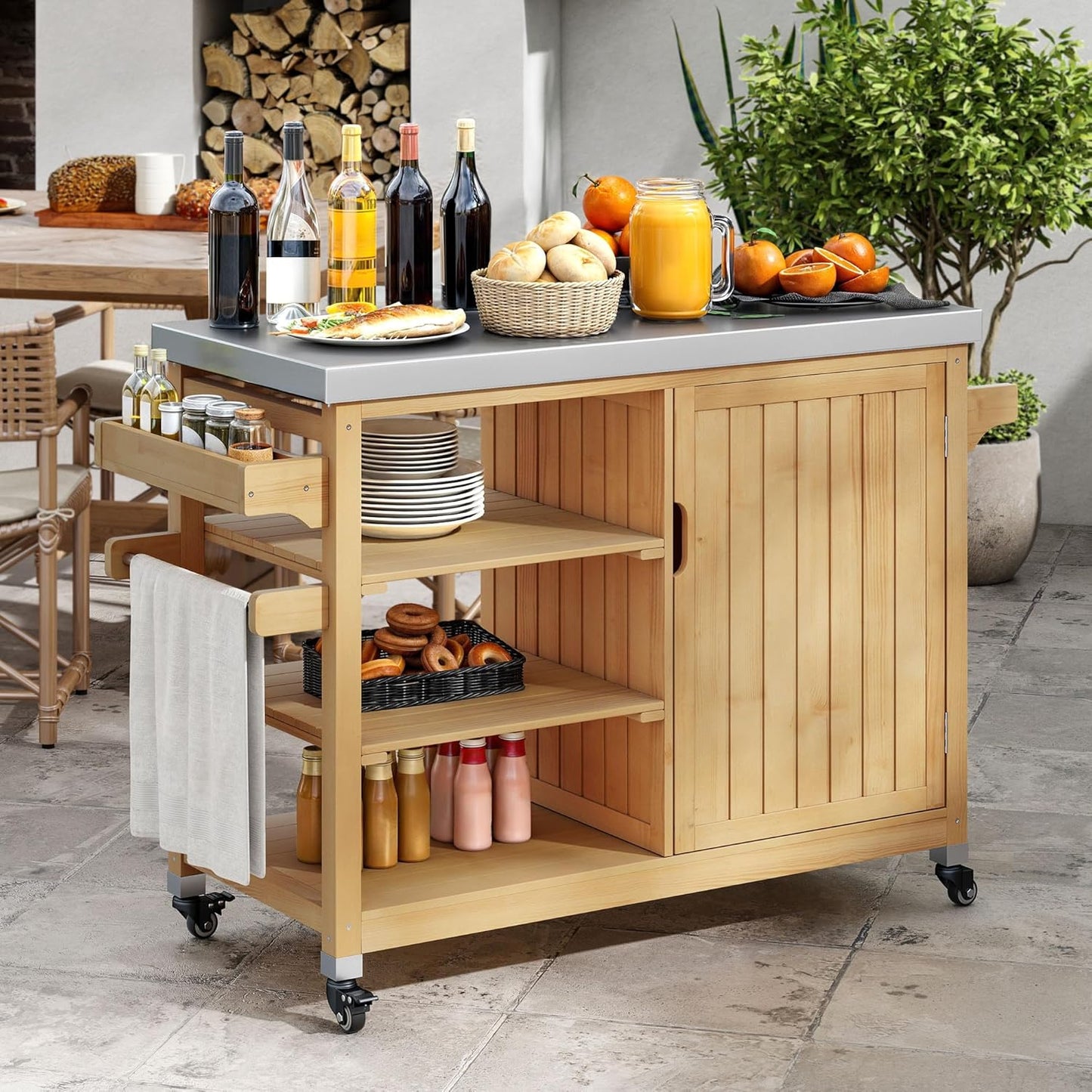 YITAHOME Solid Wood Patio Bar Table XL Outdoor Storage Cabinet Bar Table with Spice Rack and Lockable Wheels, Portable Outdoor Kitchen Island for Patio, Garden, Porch, Balcony, Natural