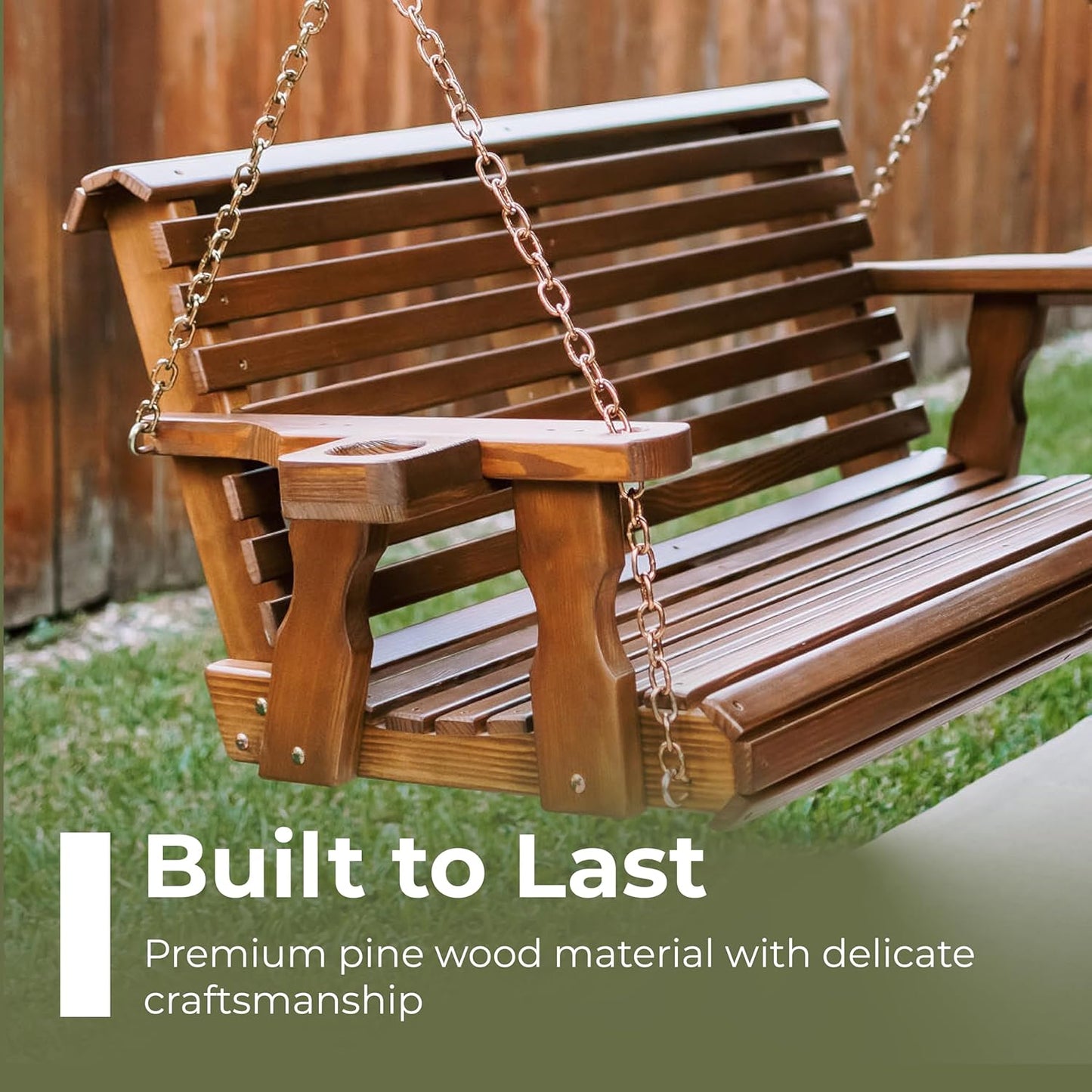 Amish Casual 4 Foot Roll Back Porch Swing with Cup Holders in Cedar Stain - Amish Made in The USA from Treated Pine Heavy Duty 700 Lb. Weight Capacity