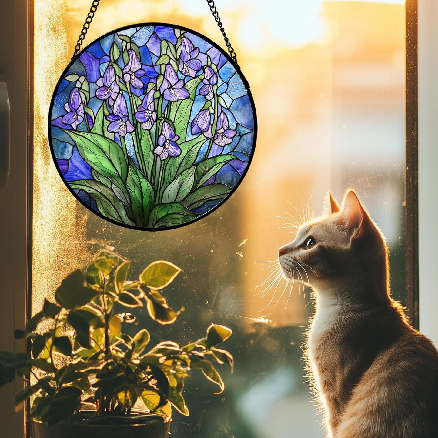 Stained Glass Suncatcher, Blue Purple Flowers Green Leaves Sun Catcher Plants Stain Glass Window Hanging Decoration Mother's Day Birthday Gifts for Women Men Mom and Nana 6.3 in