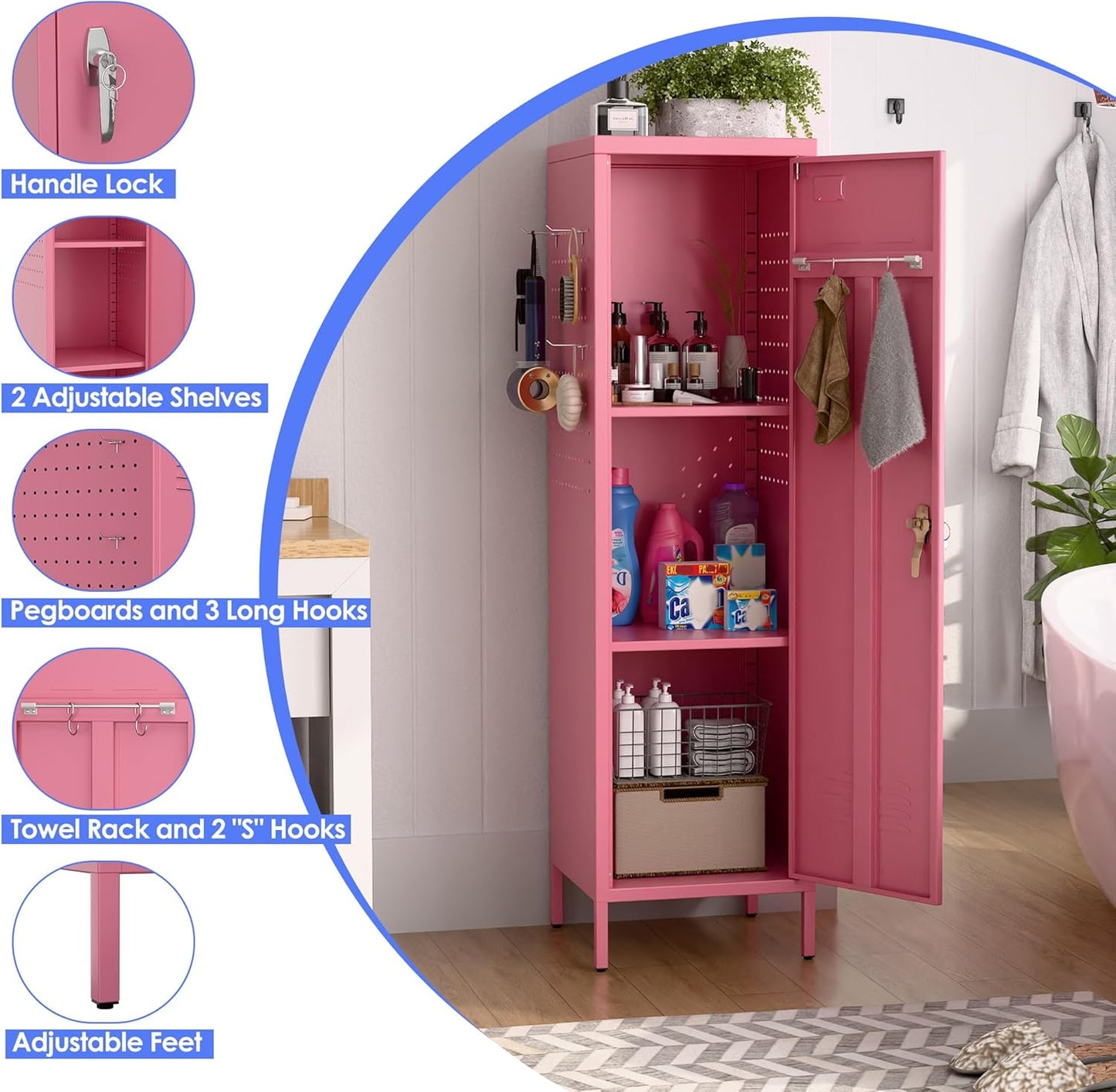 Metal Storage Locker with Pegboard and Hooks,Metal Locker for Employees with Handle and Hanging Rod for Gym, School, Office,Home,Garage,Assembly Required,Pink