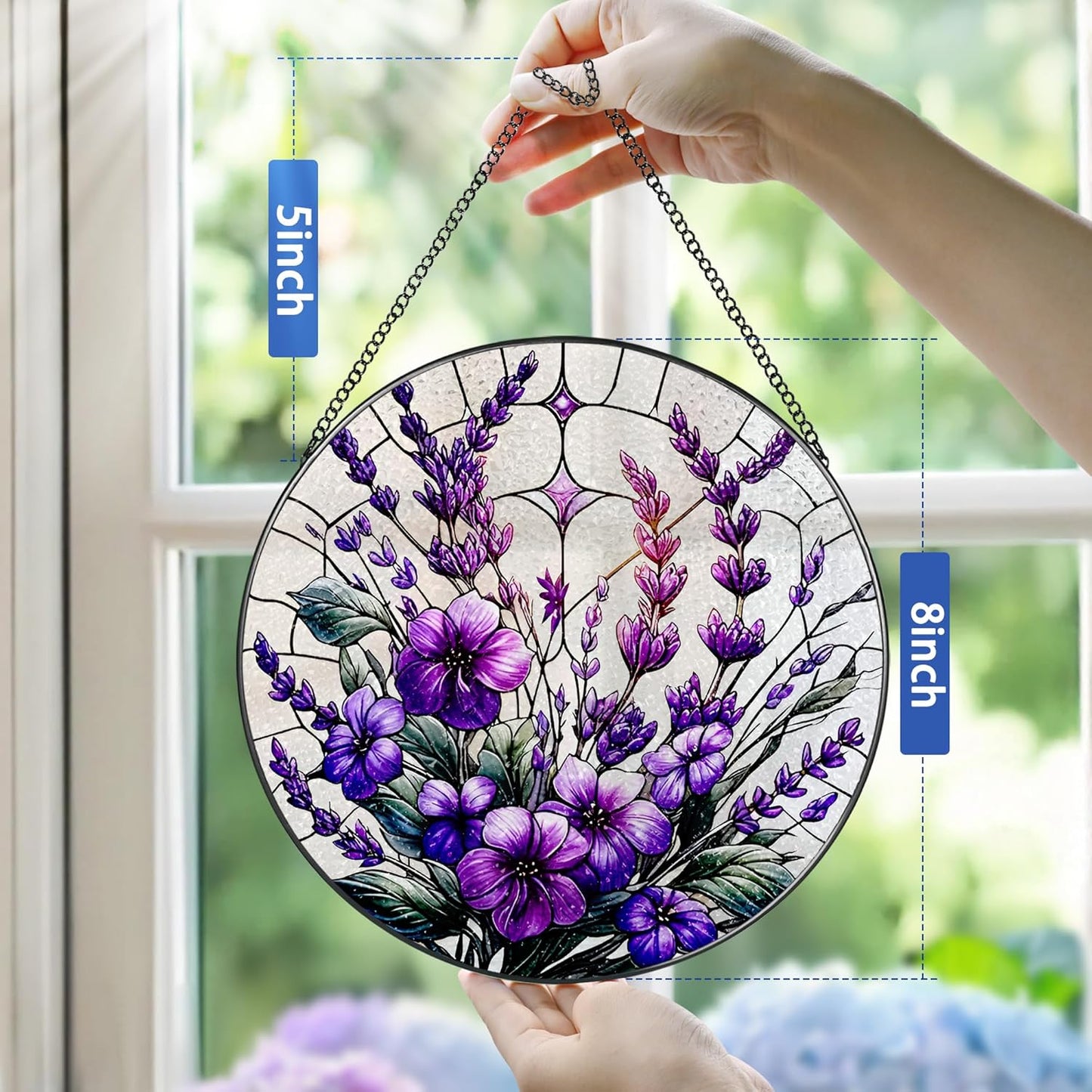 Bauhinia&Violets Flower Stained Glass Suncatcher, Stained Glass Window Hanging, 8 Inch Window Hanging Decor, Christmas, Mother's Day, Birthday Gifts for Mom, Grandma, Women, Wife, Lovers