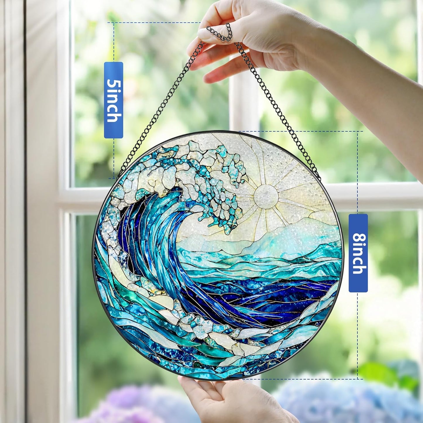 Stained Glass Window Hanging, 8 Inch Ocean Waves Stained Glass Suncatcher, Window Hanging Decor, Beach Decor, Ocean Suncatcher Gift, Beach Lover Gift, Gifts for Couples Friends Family