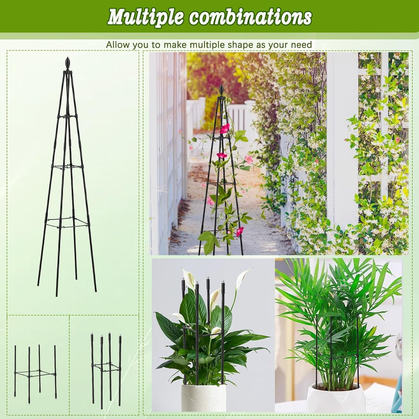 2 Pack Garden Trellis for Climbing Plants Outdoor,63inch Tall Rustproof Metal Obelisk Trellis Support for Potted Vines Vegetable Plants Indoor Outdoor, Lightweight